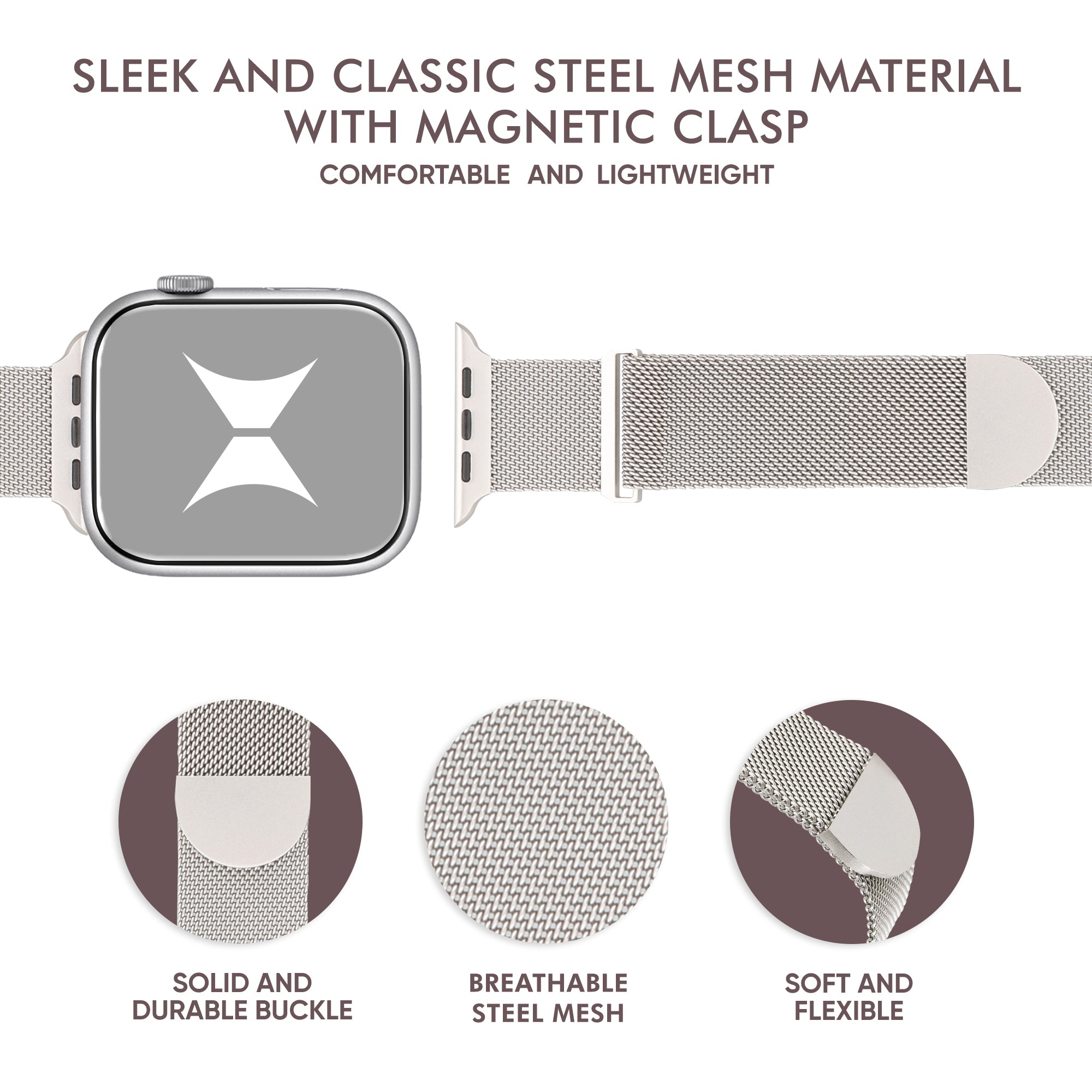 Premium Steel Mesh Apple Watch Band with Adjustable Magnetic Clasp, Starlight Finish, Universal Fit for all Large Series, Easy Installation