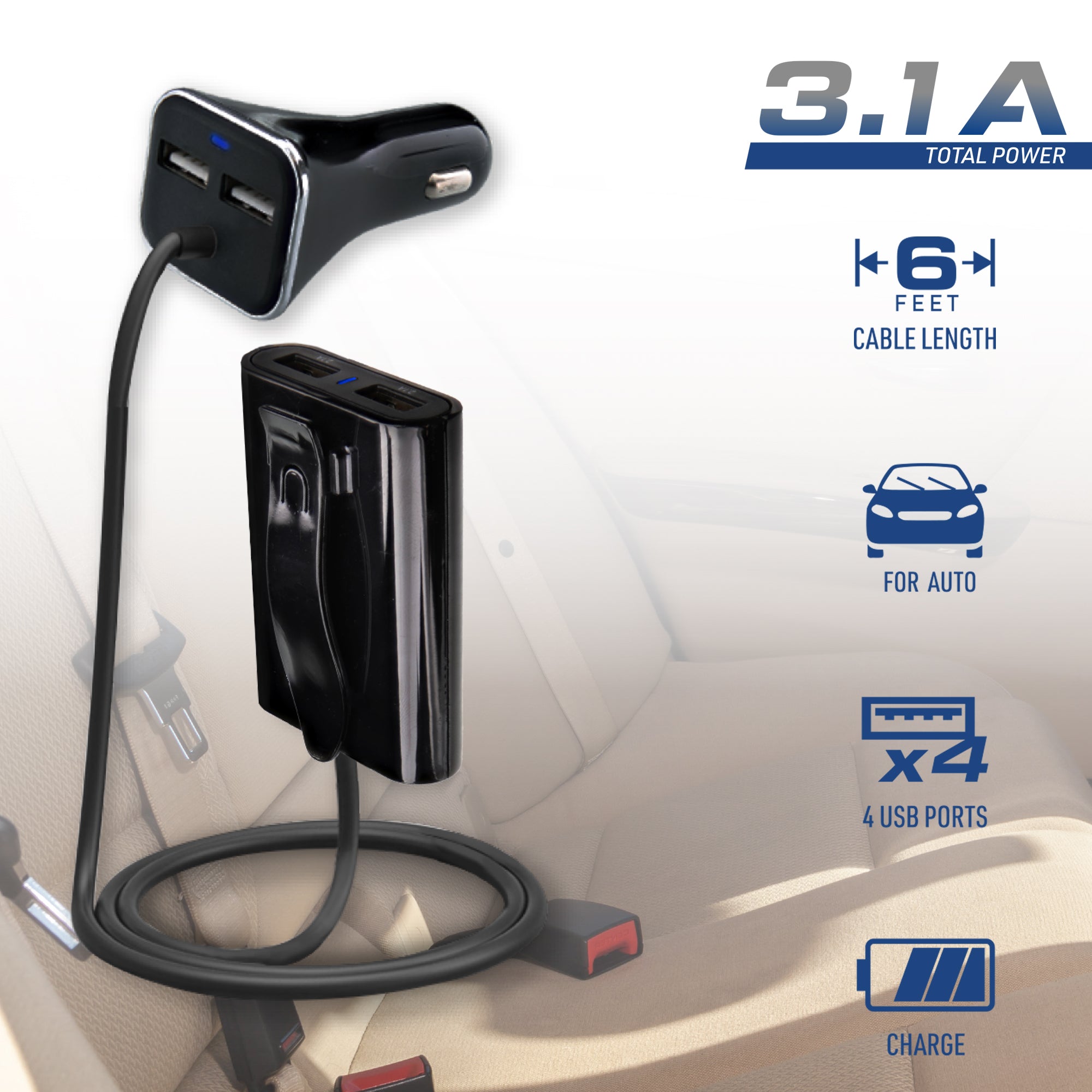4-Port Backseat Car Charger with 6ft Extension Cable, 3.1A USB Charging Hub for Front and Rear Seats, Power Up to 4 Devices for Road Trips