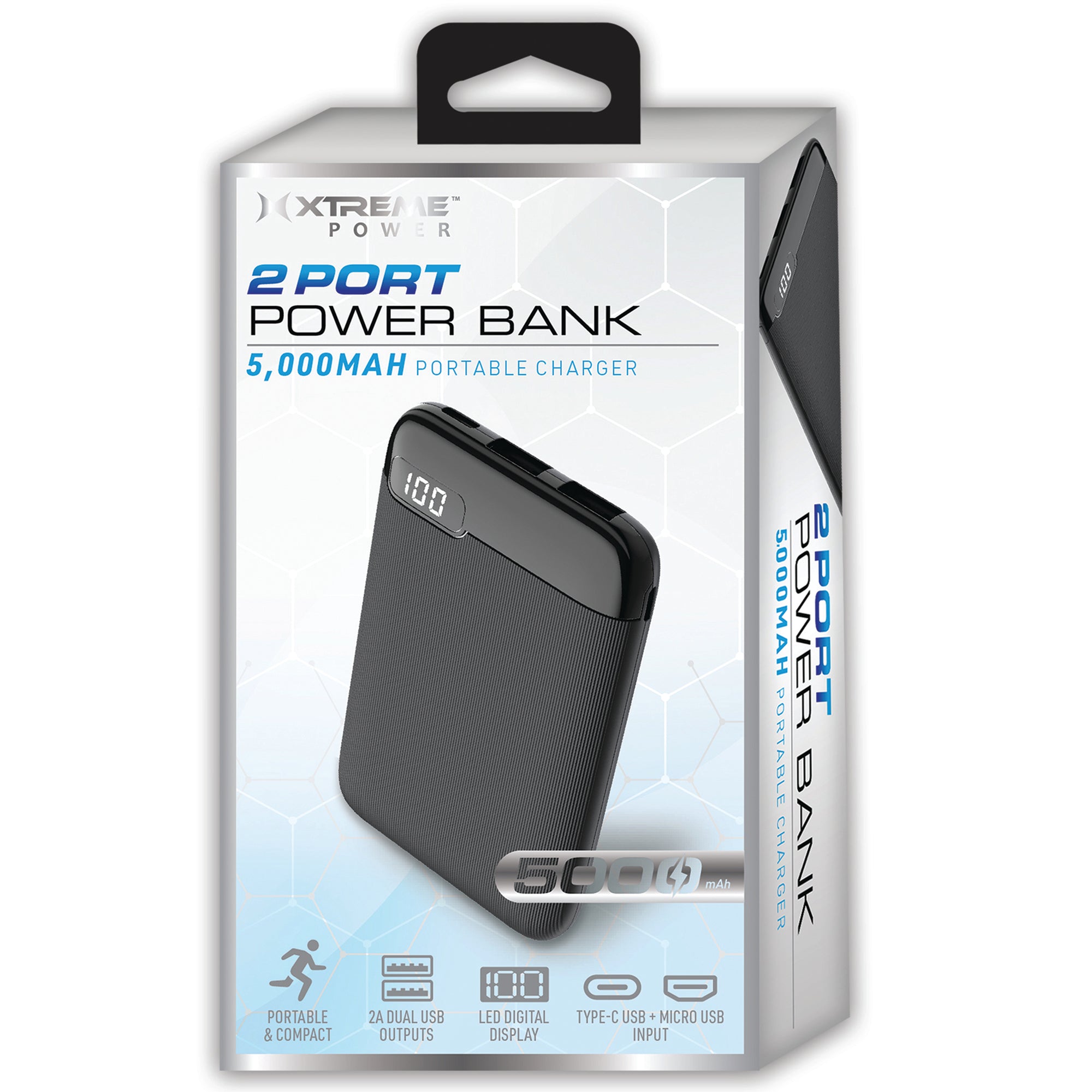 5000 mAh Power Bank with LED Screen, 2 USB-A, Type-C, and Micro USB Ports, Portable Rechargeable Battery for Travel