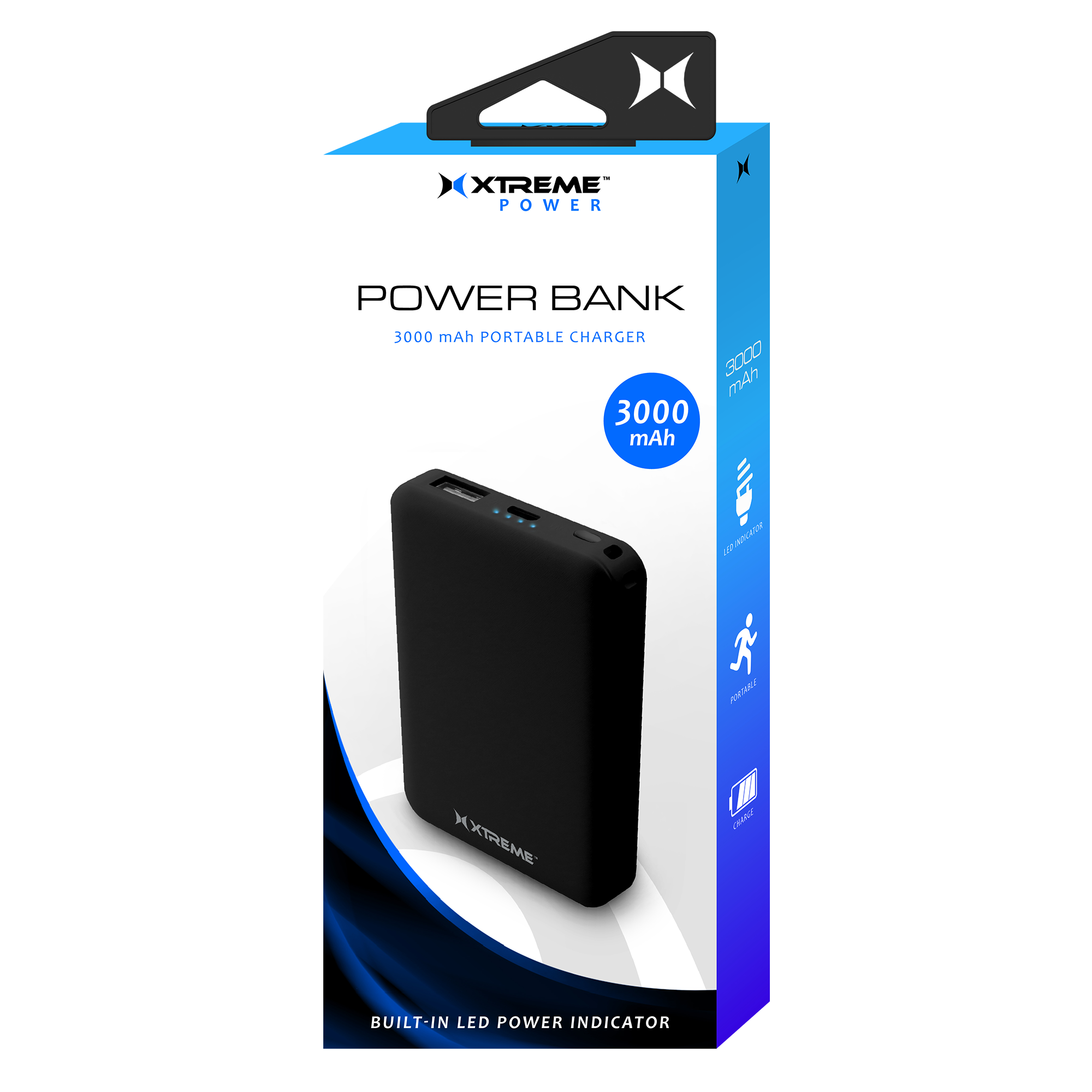 3,000 mAh Portable Power Bank with Built-in Light Indicator, Compact Black External Battery Charger for Smartphones and Small Electronics