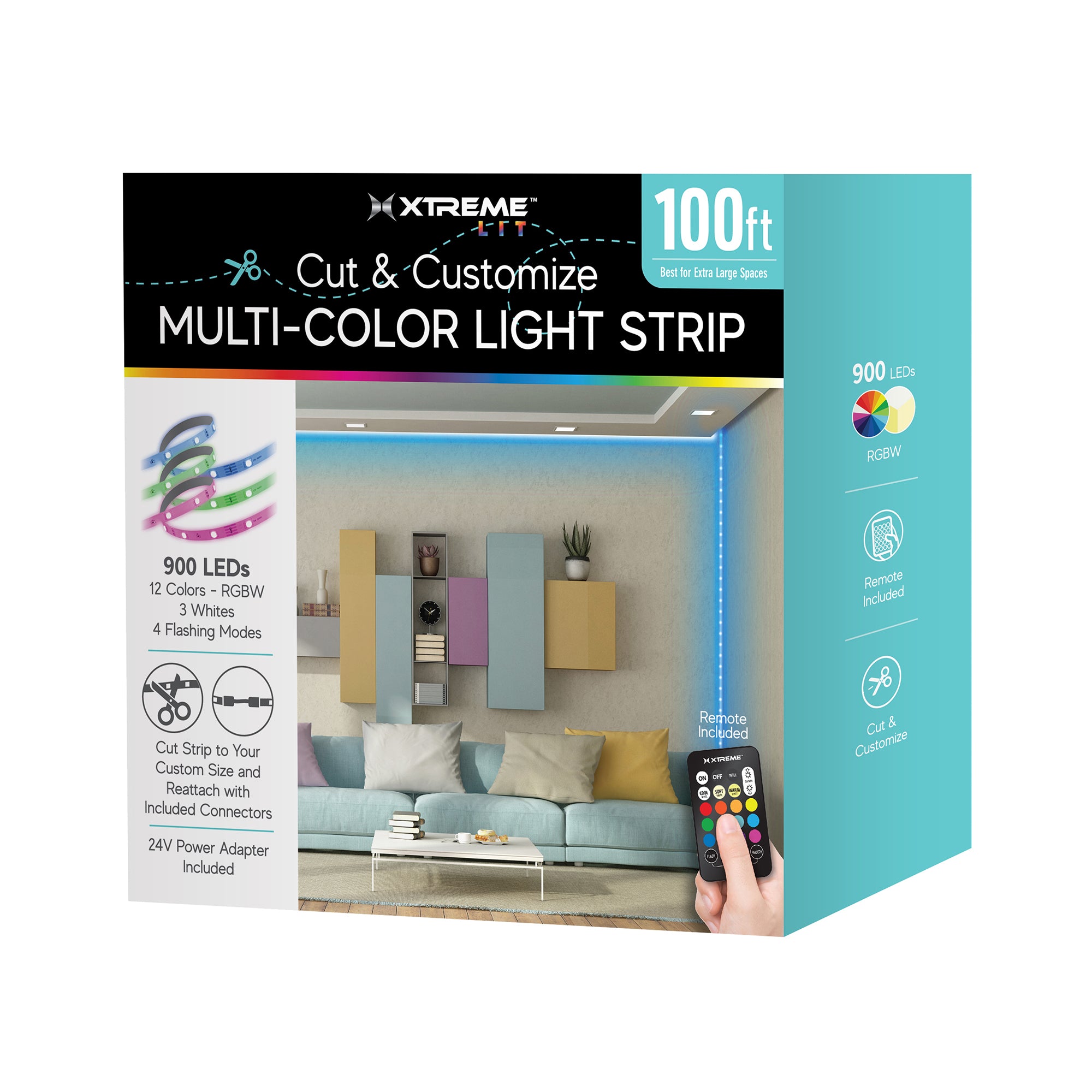 100ft Cut & Customize Indoor LED Light Strip Kit, Includes 3 Connectors, 900 LEDs, 4 Modes, Remote & 24V Adapter