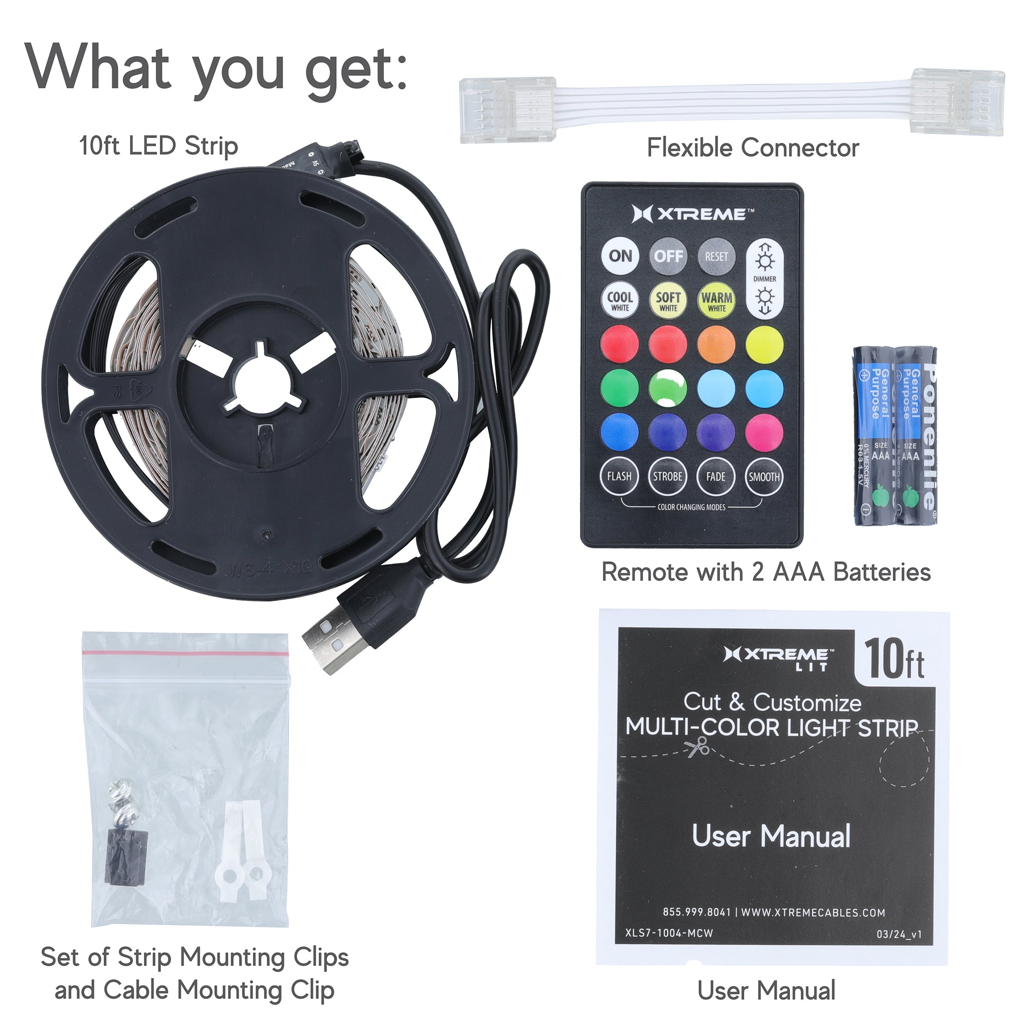 10ft Cut & Customize Indoor LED Light Strip Kit, Includes 1 Connector, 90 LEDs, 4 Modes, Remote