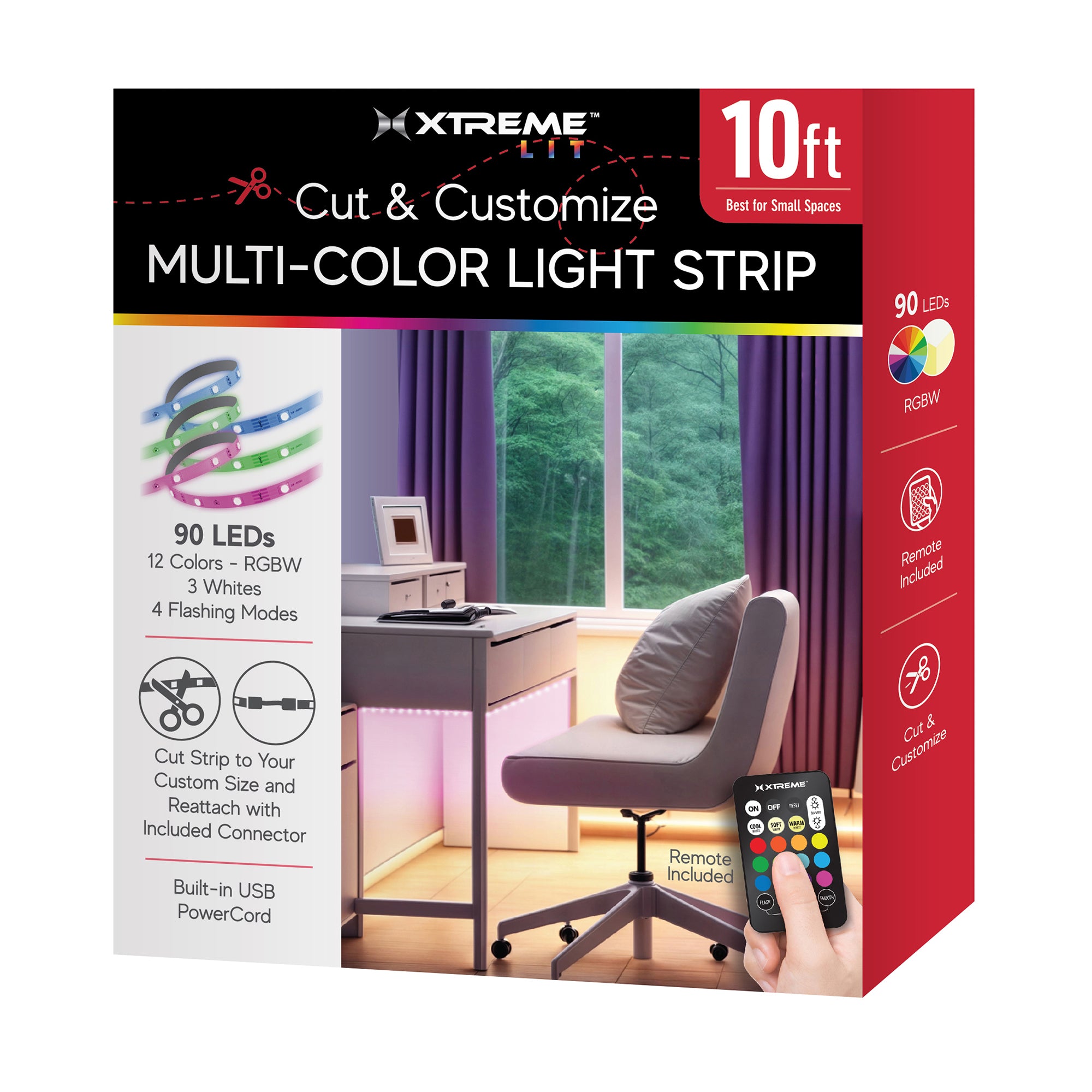 10ft Cut & Customize Indoor LED Light Strip Kit, Includes 1 Connector, 90 LEDs, 4 Modes, Remote