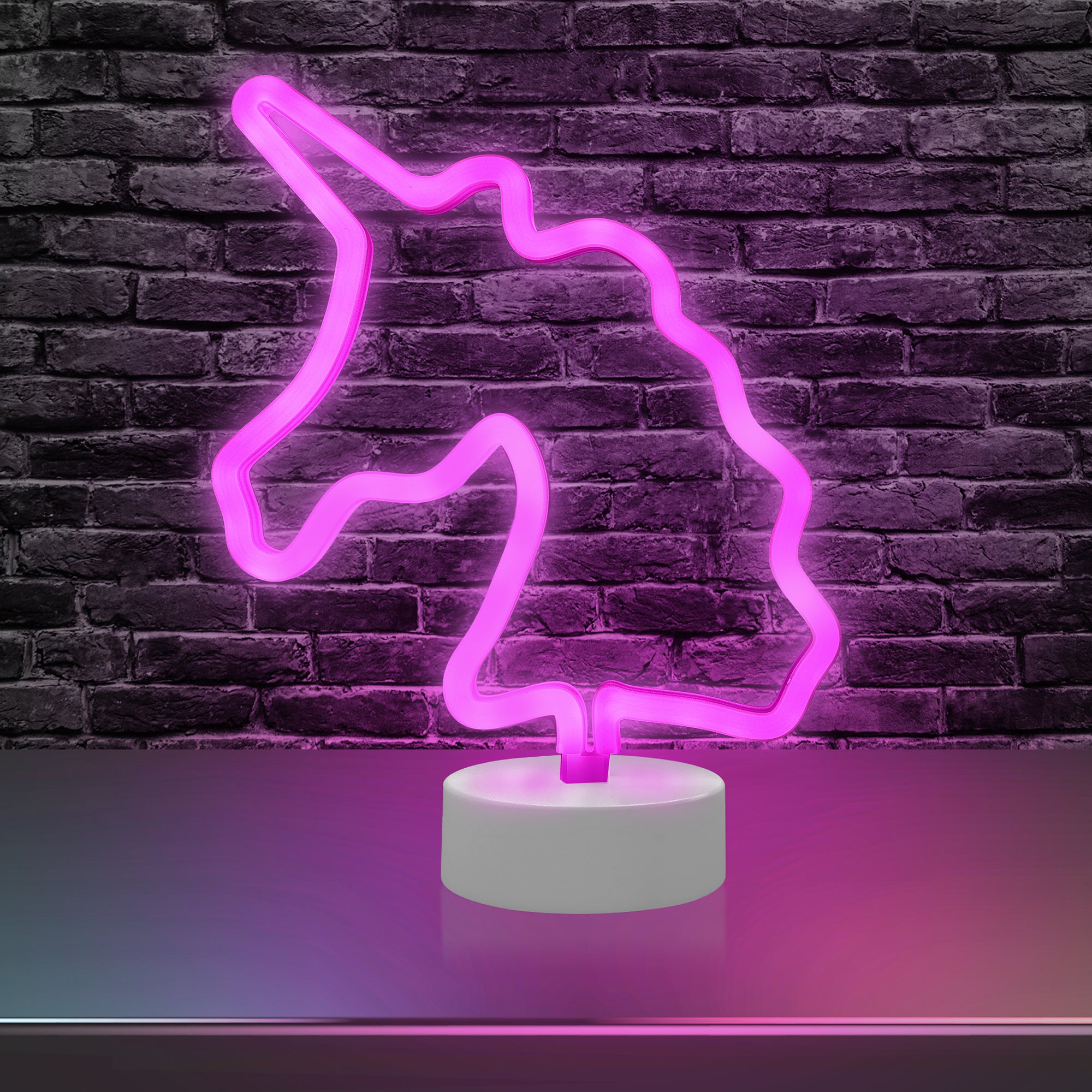 Unicorn Neon Pink LED Tabletop Sign with Holder Base, Battery Powered, 4 Hour Timer
