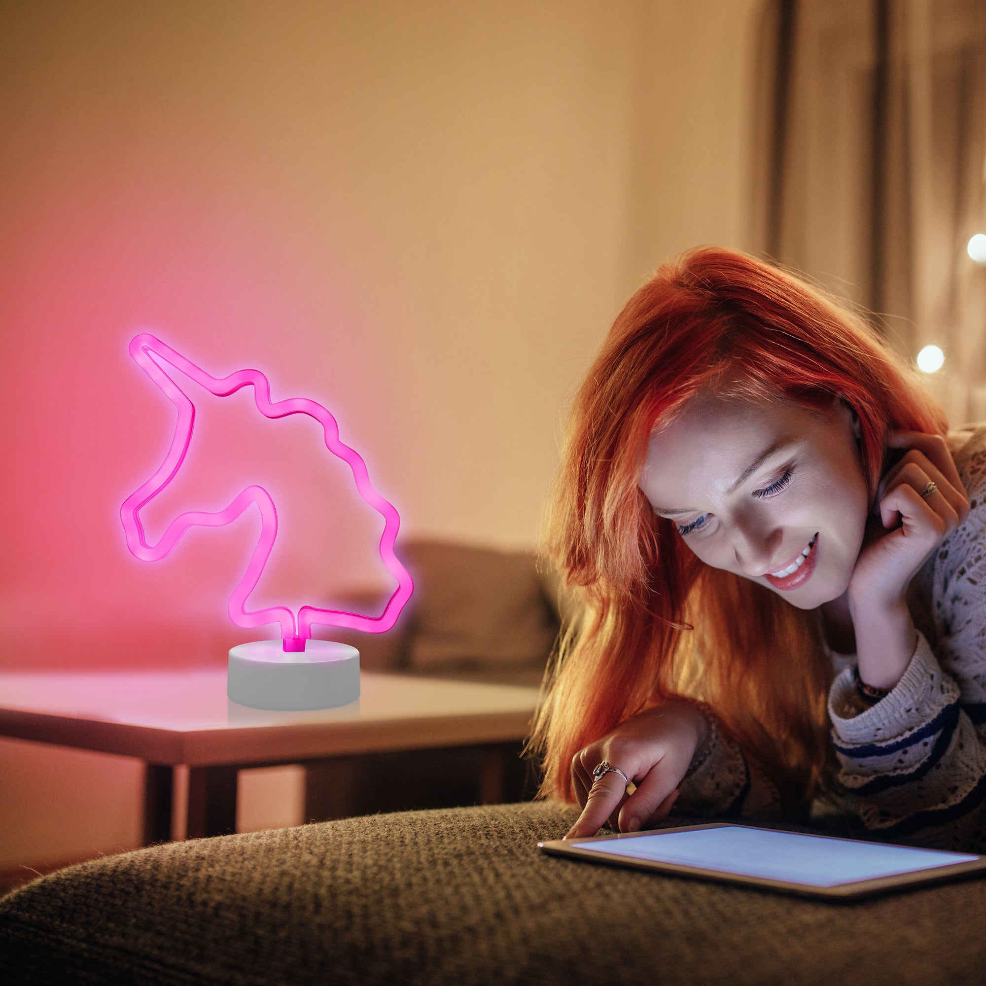 Unicorn Neon Pink LED Tabletop Sign with Holder Base, Battery Powered, 4 Hour Timer