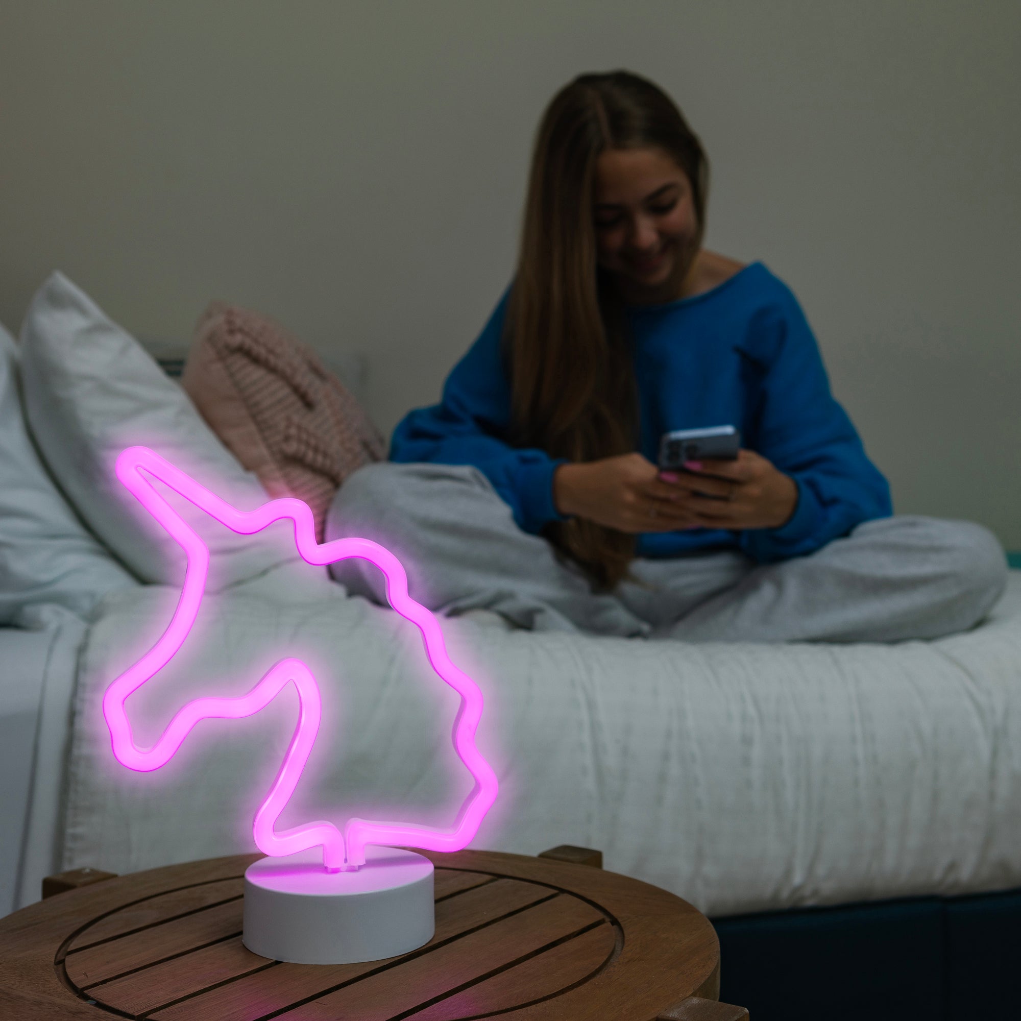 Unicorn Neon Pink LED Tabletop Sign with Holder Base, Battery Powered, 4 Hour Timer