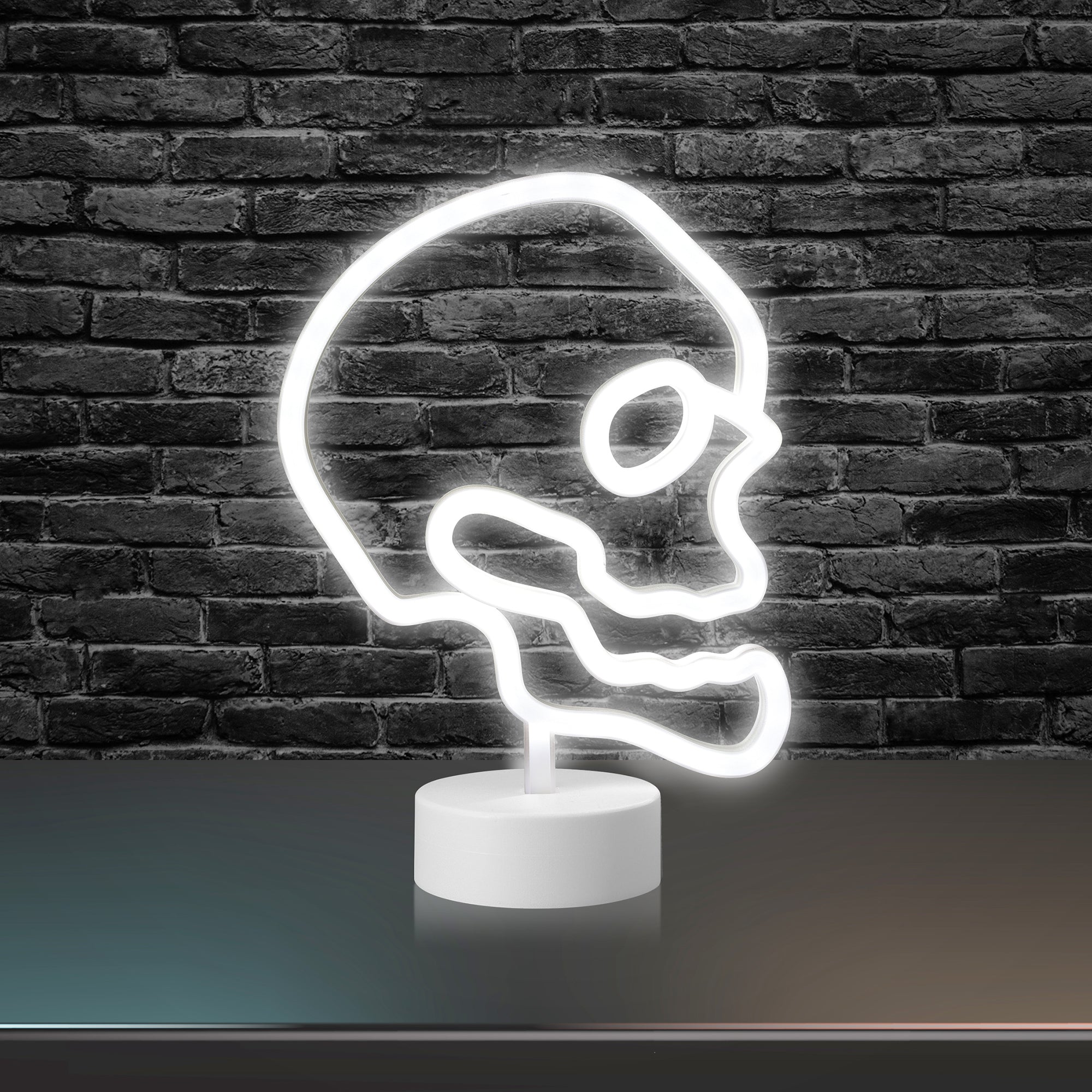 Skull Neon Sign, White LED Skull Tabletop Sign with Holder Base, Battery Powered, 4 Hour Timer