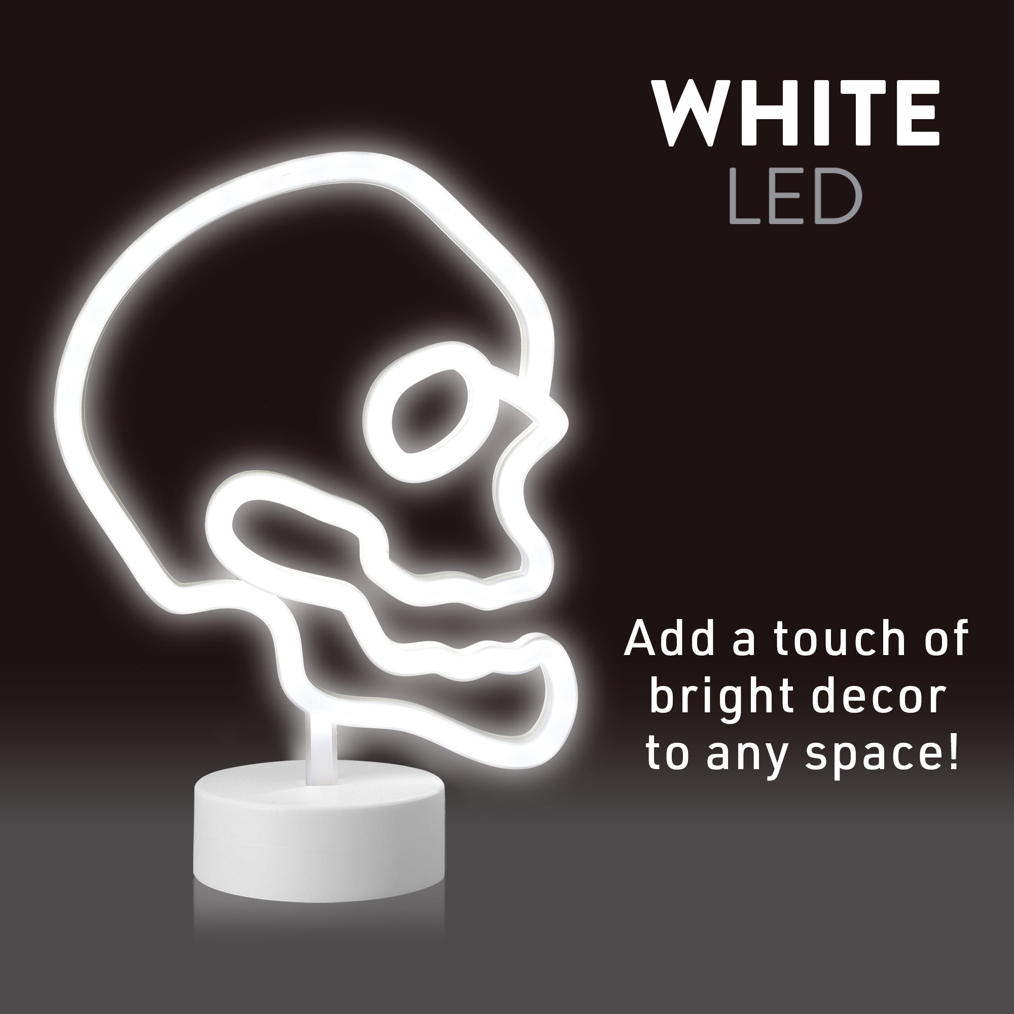 Skull Neon Sign, White LED Skull Tabletop Sign with Holder Base, Battery Powered, 4 Hour Timer