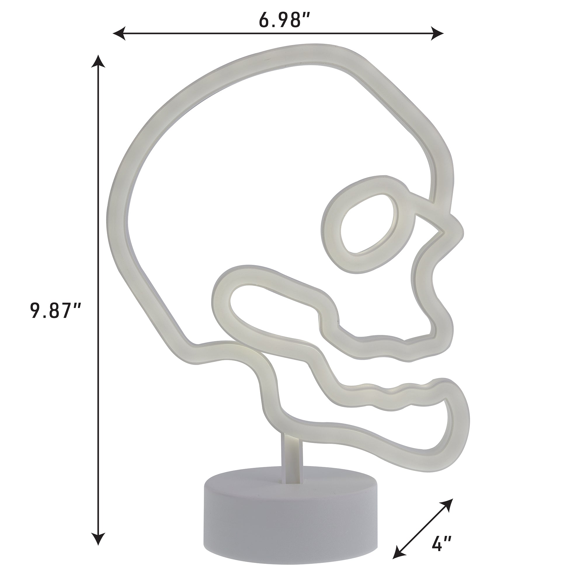 Skull Neon Sign, White LED Skull Tabletop Sign with Holder Base, Battery Powered, 4 Hour Timer