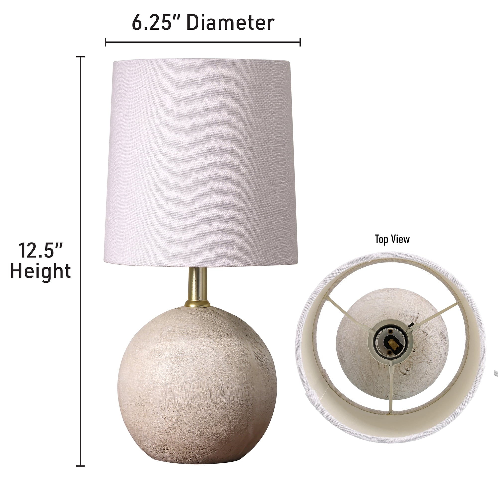 Mini Ball Natural Grey Resin Table Lamp with White Fabric Shade, LED Bulb Included, Push-Through Switch, Modern & Compact Design