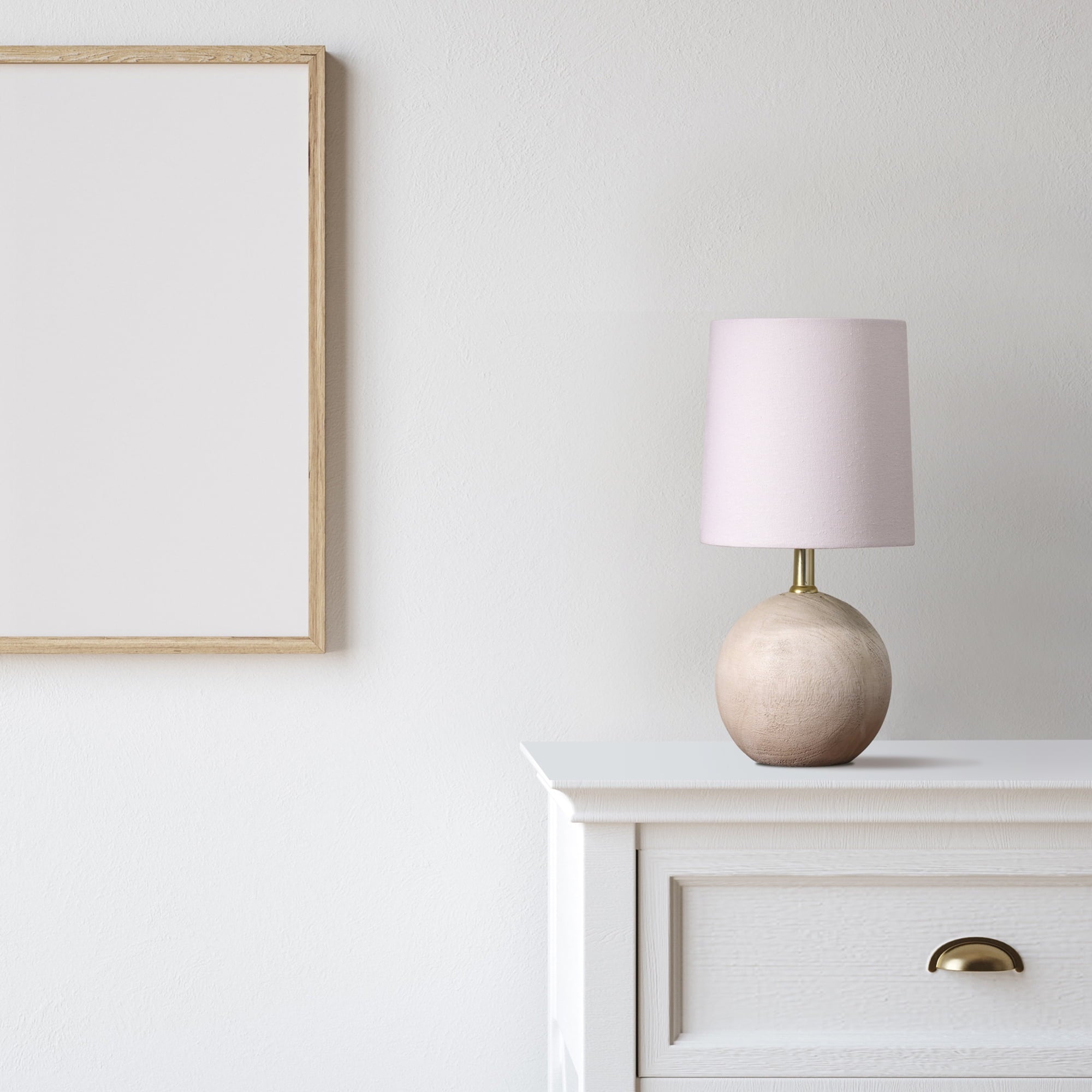 Mini Ball Natural Grey Resin Table Lamp with White Fabric Shade, LED Bulb Included, Push-Through Switch, Modern & Compact Design