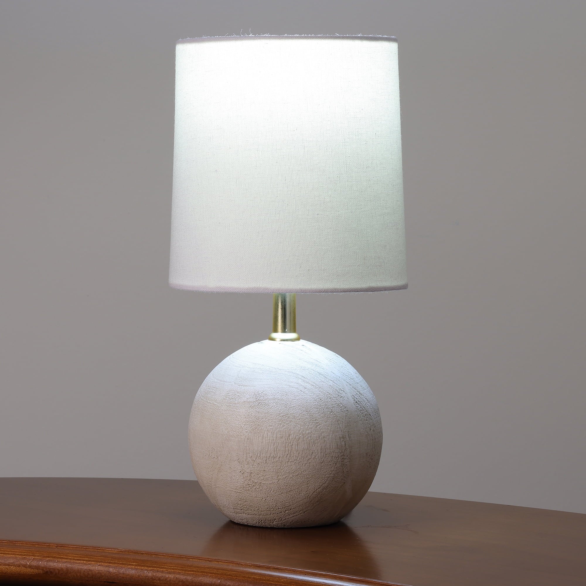 Mini Ball Natural Grey Resin Table Lamp with White Fabric Shade, LED Bulb Included, Push-Through Switch, Modern & Compact Design