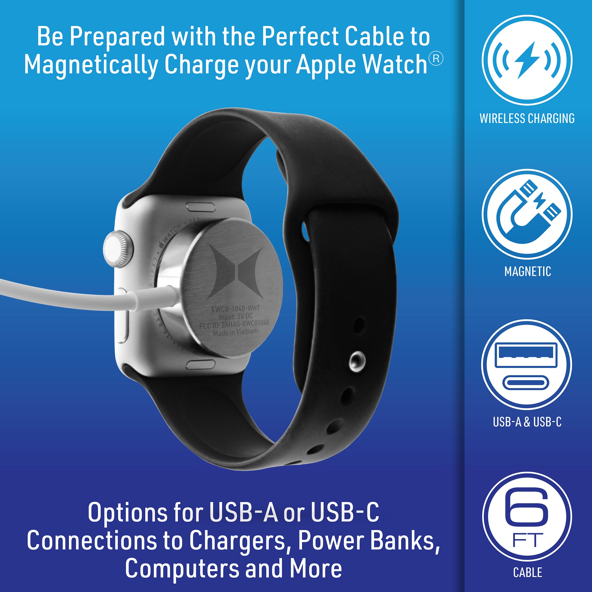 Smart Watch Charger with 6FT Magnetic Wireless Charging Cable, USB-A & USB-C Adapter