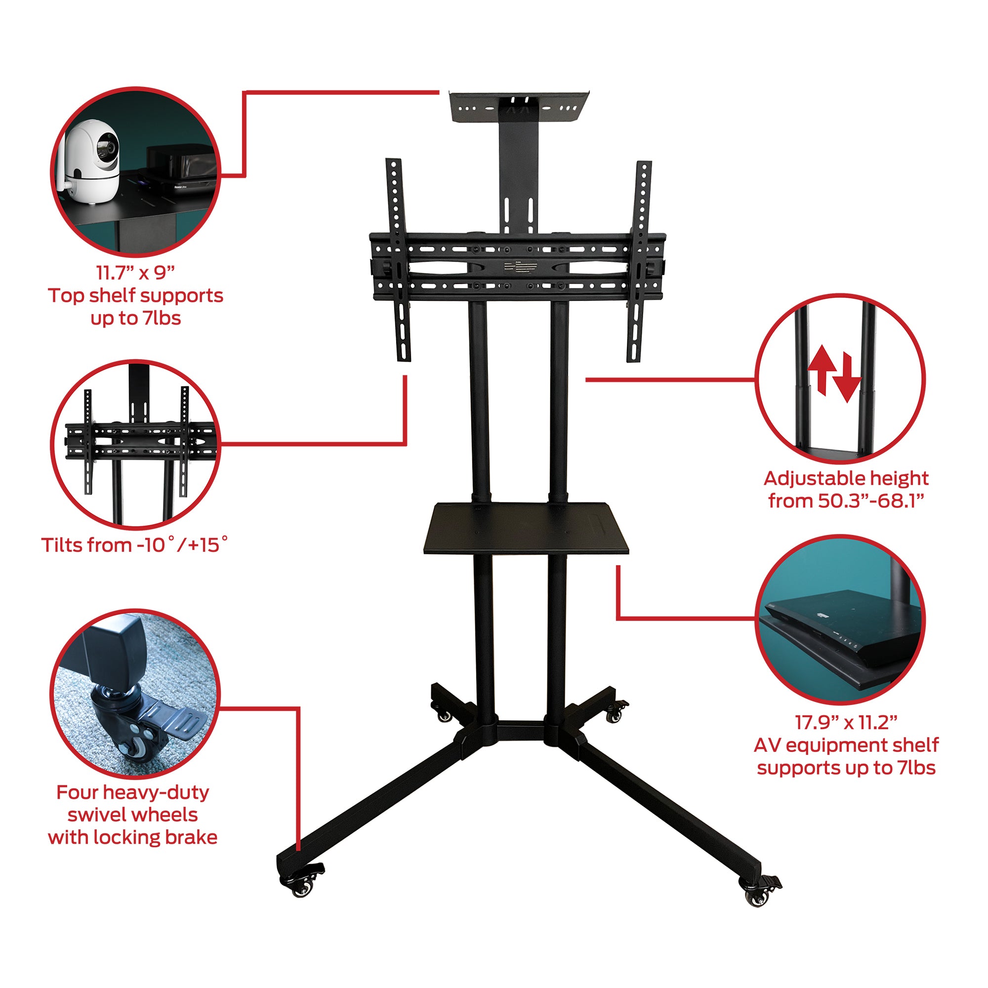 32-80 inch Rolling TV Stand, Adjustable Tilt, Television Sizes 32-80 inch, Wheels with lock