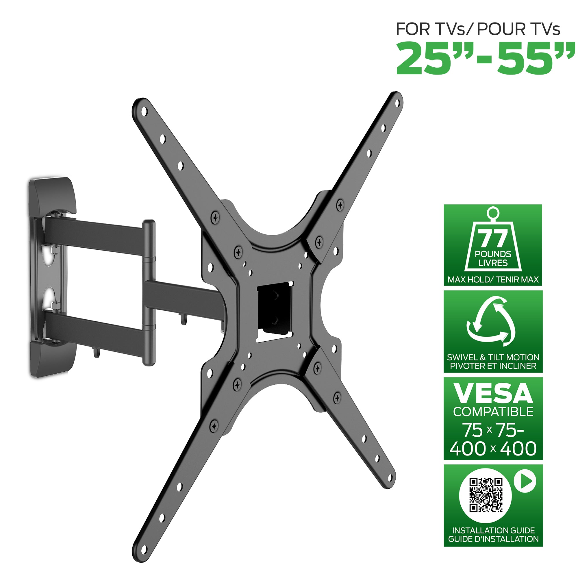 Full Motion TV Wall Mount Bracket for 32"-55" TVs, VESA 400x400 - Tilting, Swivel, and Slim Design