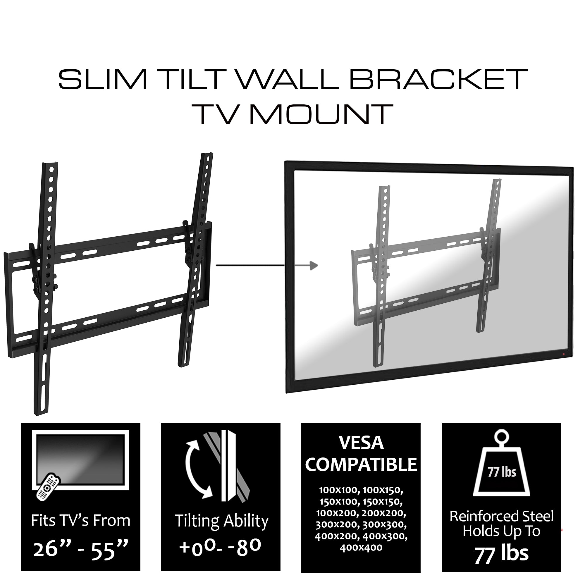 Tilt TV Wall Mount for 26-55 Inch TVs - Universal Flat Panel TV Bracket with VESA Compatibility, 77 lbs Capacity & Easy Cable Management