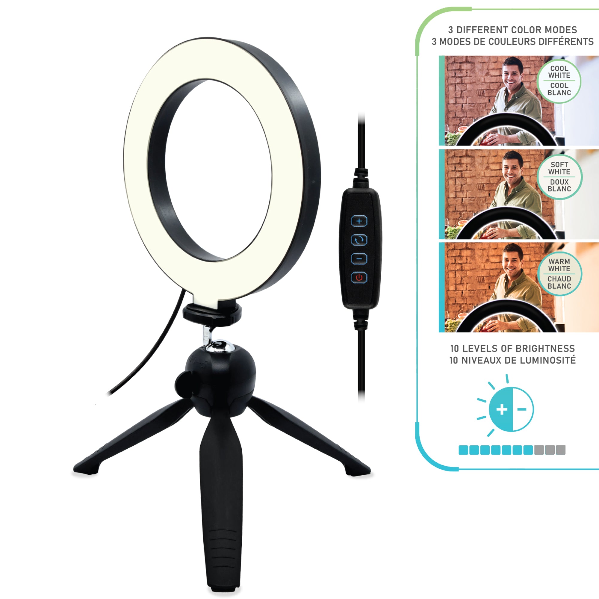 LED 6-inch Ring Light, Ball-Joint Gooseneck and Tripod, 10 Brightness Levels, Multi-White Color Modes