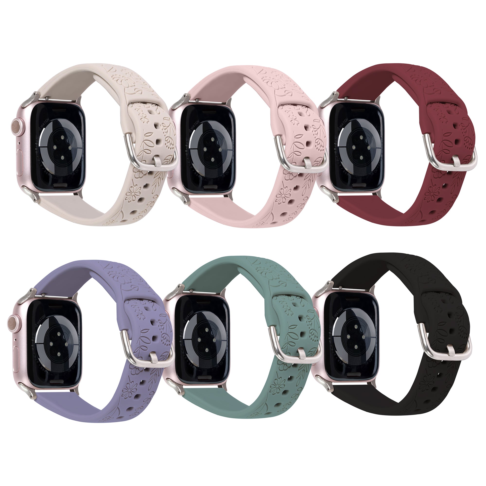 6-Pack Floral Silicone Watch Bands for Apple Watch, Samsung Galaxy & Garmin - Soft, Durable, and Breathable Straps in 38mm & 42mm Sizes