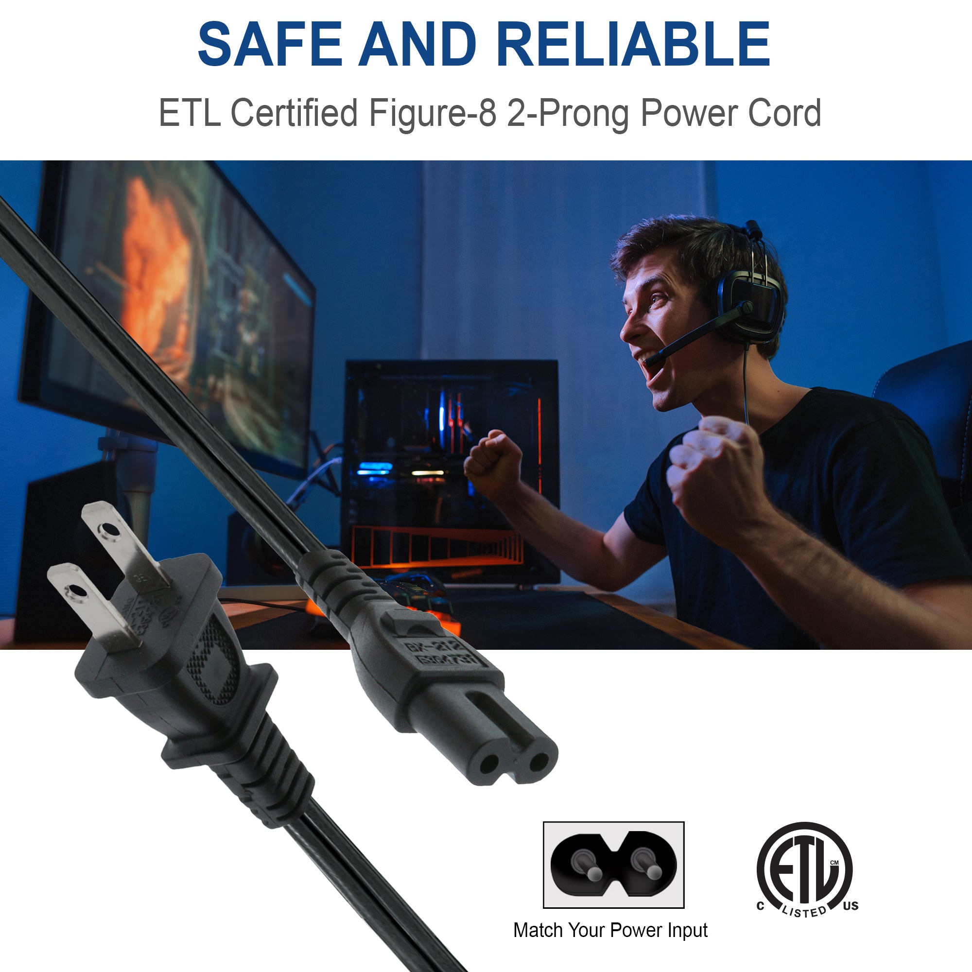 10ft Non-Polarized Replacement Power Cord, Works With Game Consoles, Cable Boxes, Printers