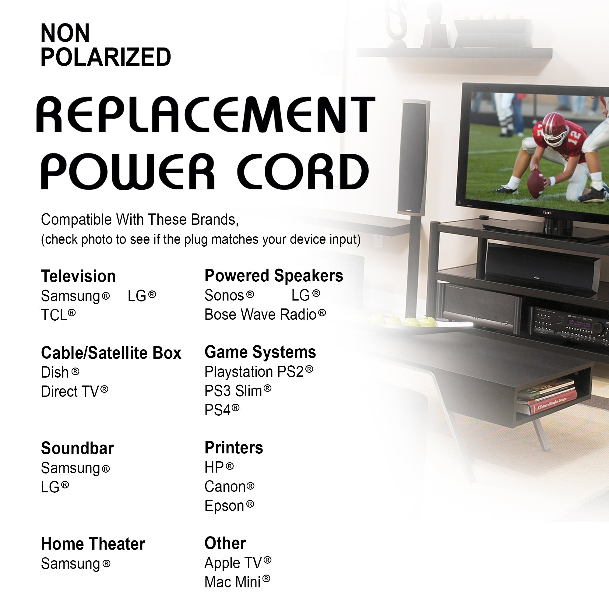 10ft Non-Polarized Replacement Power Cord, Works With Game Consoles, Cable Boxes, Printers