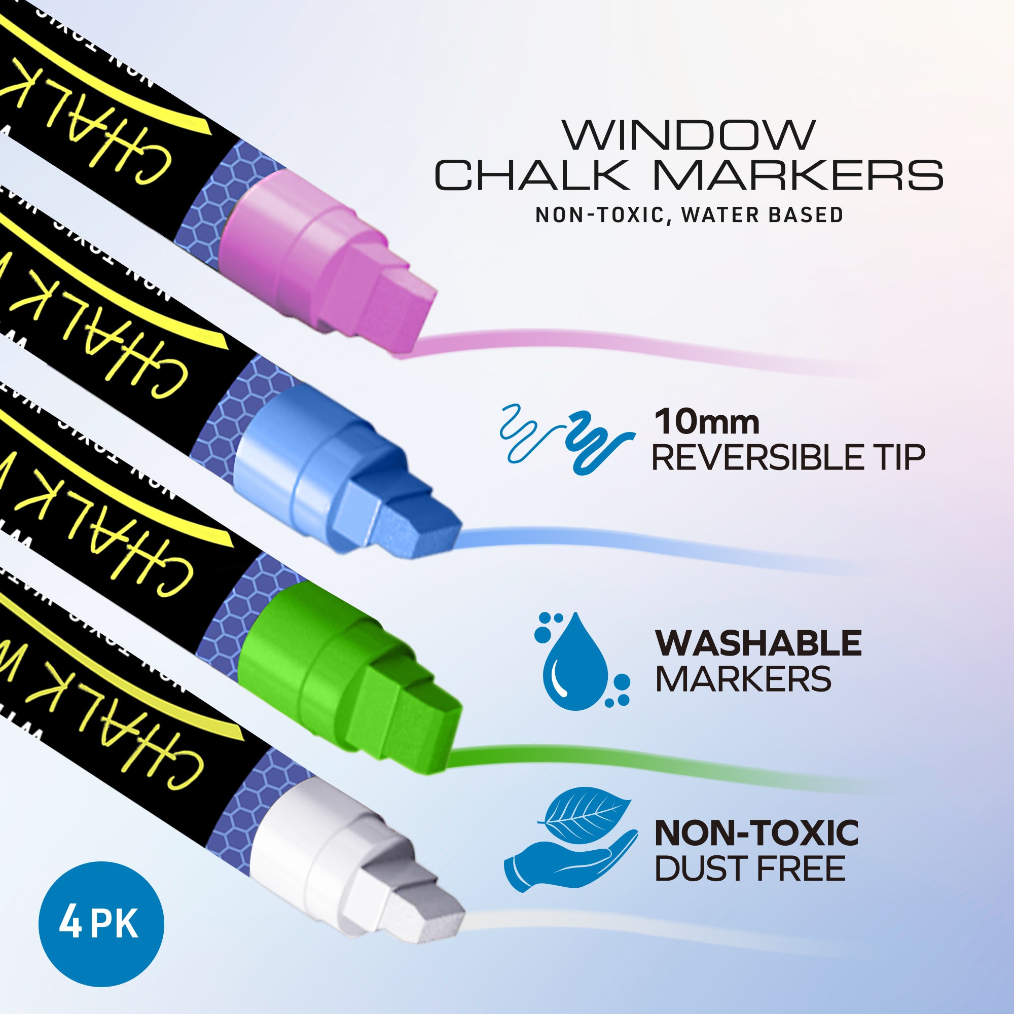 Auto Window Chalk Markers, 4 Pack Blue Green Pink White, Shake, Push, Write