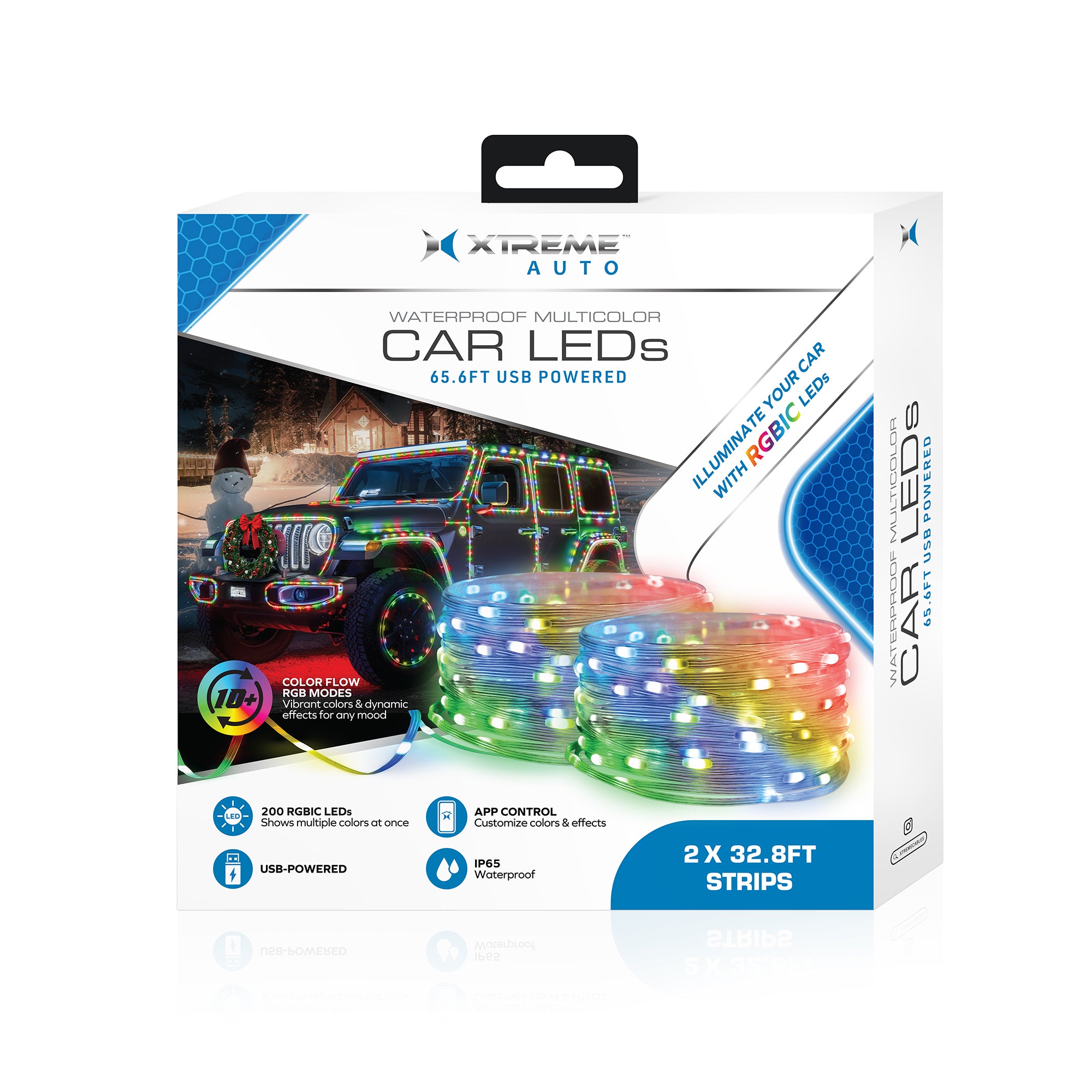 65.6ft RGBIC Color-Flow Car LED Light Strips - IP65 Waterproof, USB Powered, App Controlled with Multicolor Effects for Interior & Exterior Lighting
