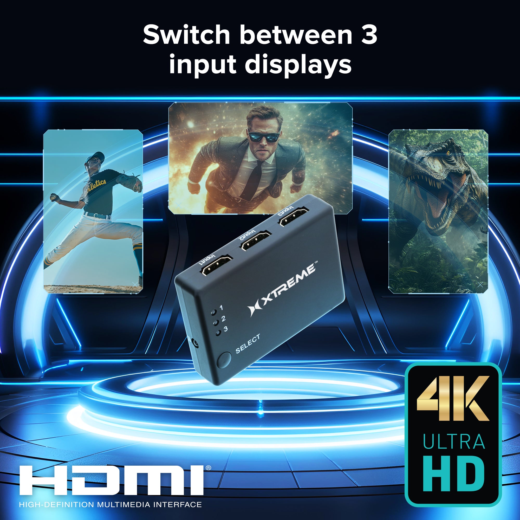Xtreme HDMI 3 Port Switch Splitter (3-in-1): Manual 1080P Video Selector for Game Consoles, DVD Players, & TV. Prevents Cable Wear