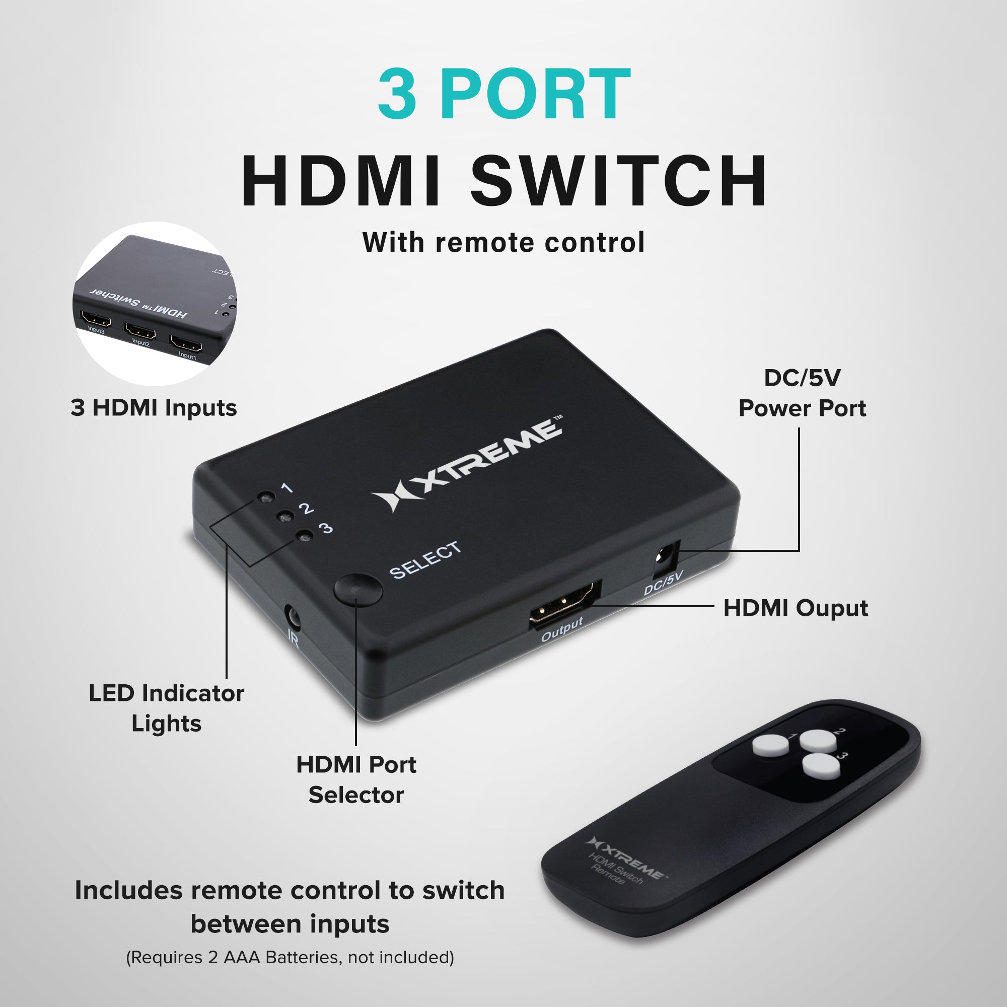 Xtreme HDMI 3 Port Switch Splitter (3-in-1): Manual 1080P Video Selector for Game Consoles, DVD Players, & TV. Prevents Cable Wear