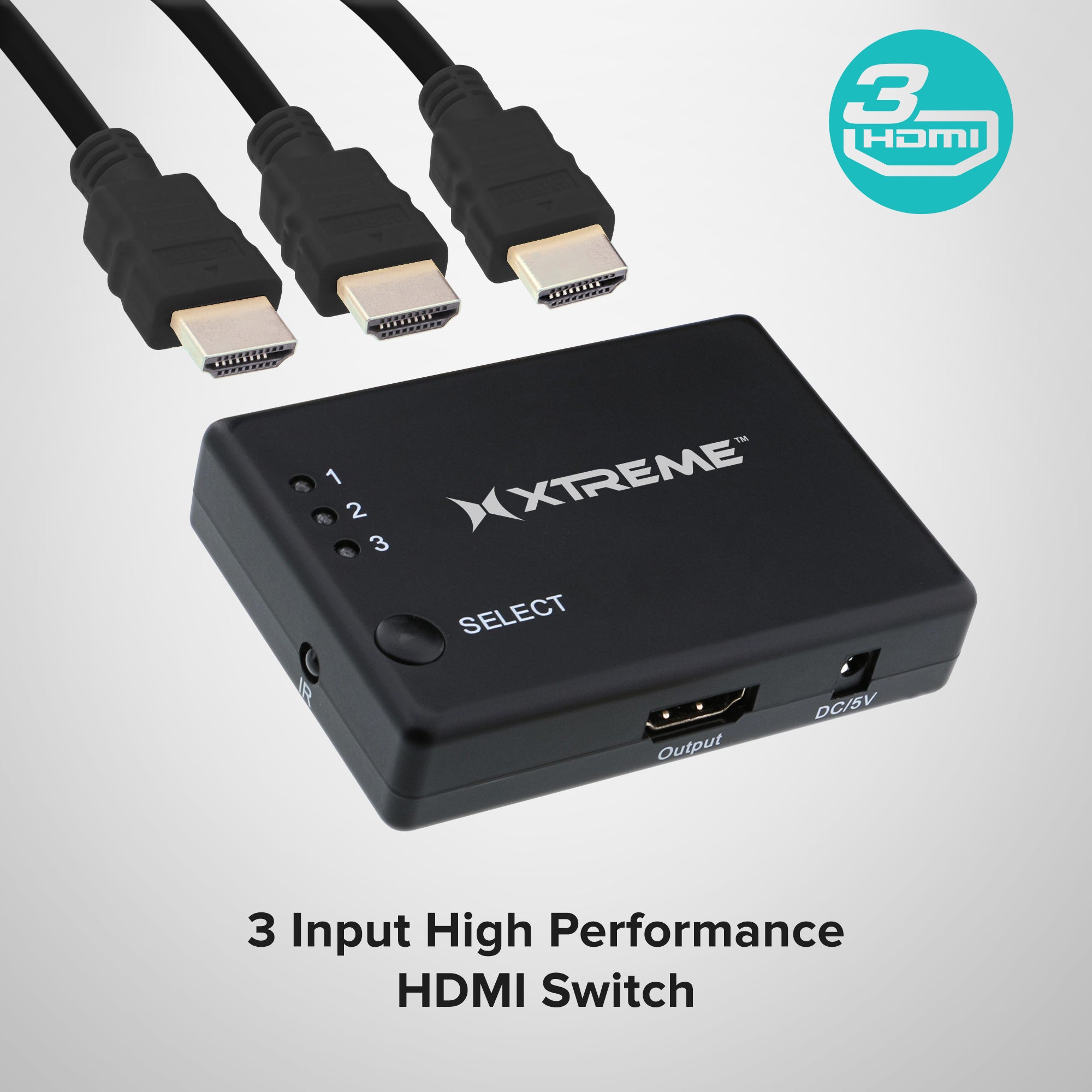 Xtreme HDMI 3 Port Switch Splitter (3-in-1): Manual 1080P Video Selector for Game Consoles, DVD Players, & TV. Prevents Cable Wear