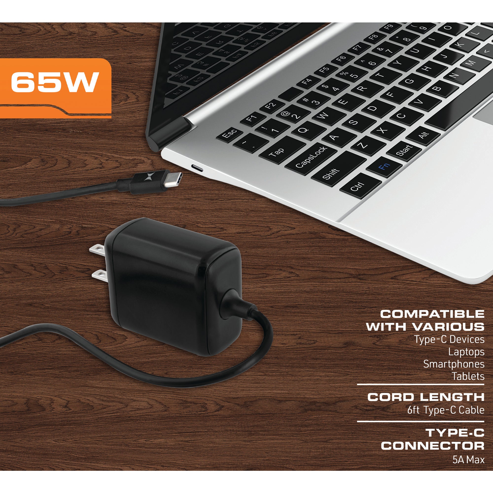65W Type-C PD Power Adapter with 6ft Cable, Ideal for Charing Compatible Smartphones, Tablets, Laptops and Other Items, Works with Any Standard Wall Socket/Power Strip