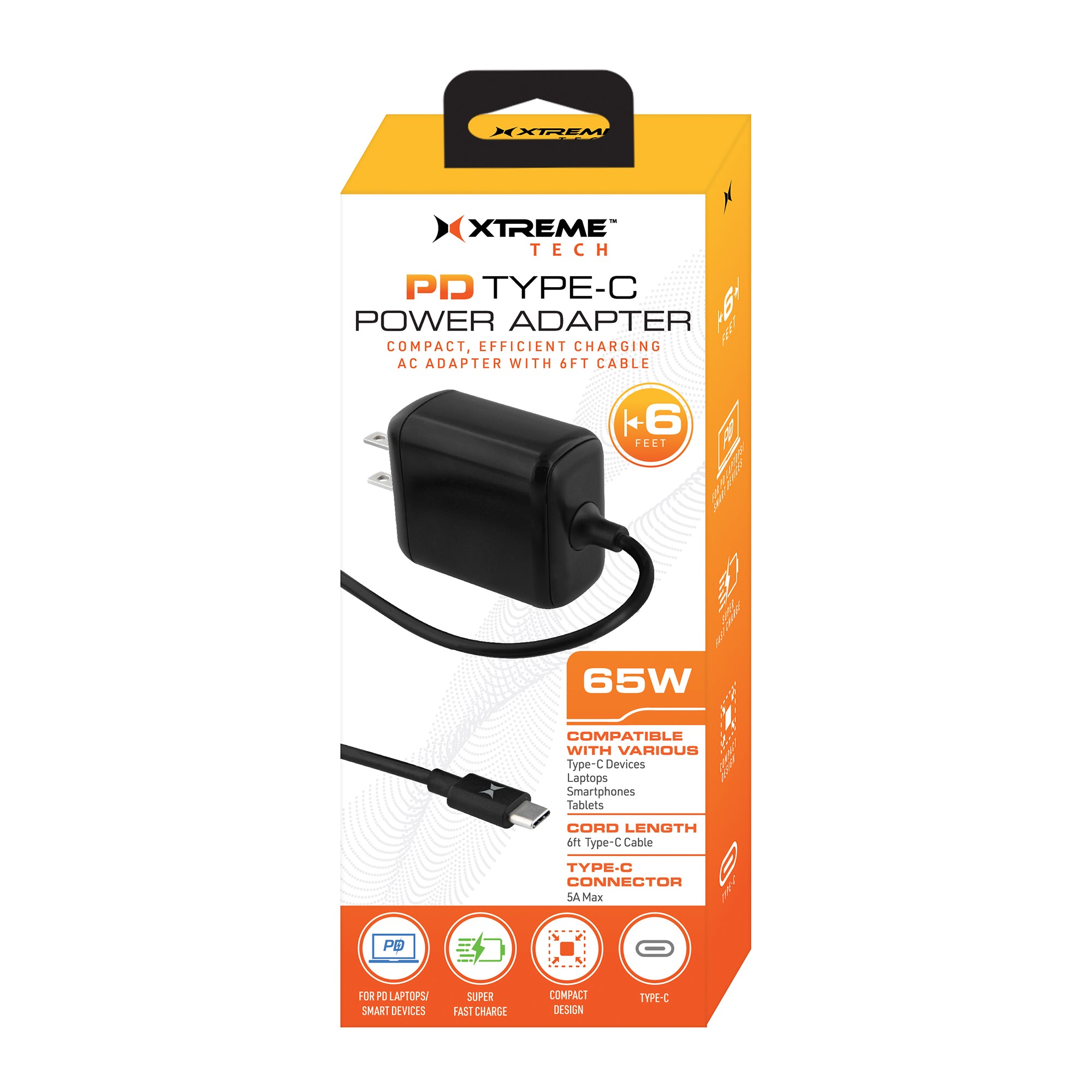 65W Type-C PD Power Adapter with 6ft Cable, Ideal for Charing Compatible Smartphones, Tablets, Laptops and Other Items, Works with Any Standard Wall Socket/Power Strip