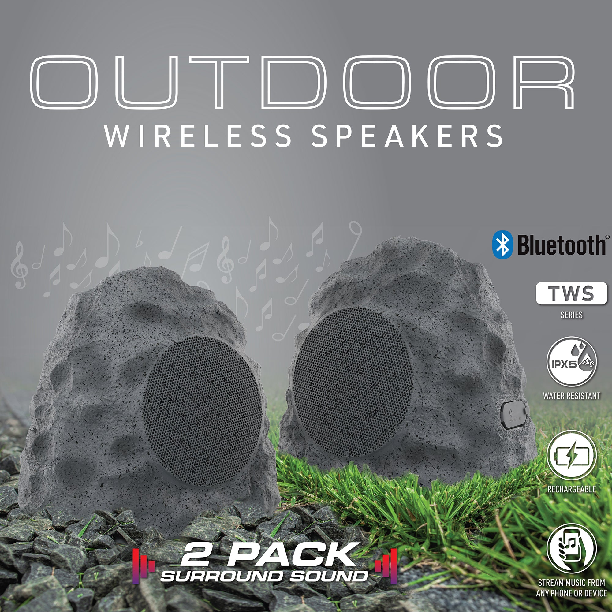 Rock Speakers Outdoor Waterproof 2 Pack - IPX5 Water-Resistant Speaker with True Wireless Stereo - 33ft Range