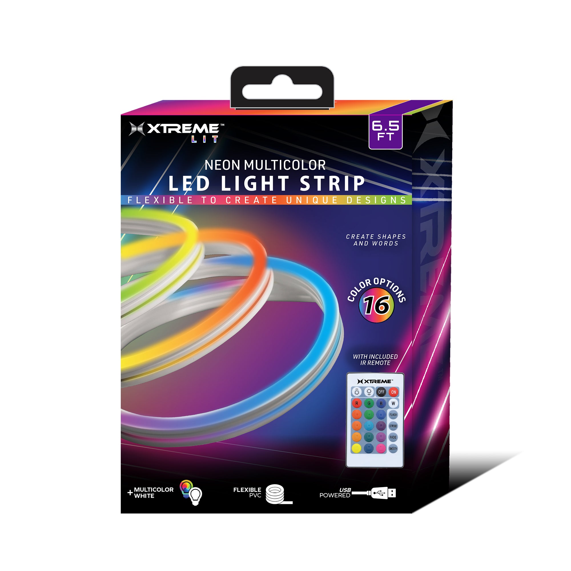 Multi-Color 6.5 ft. LED Light Strip, Remote Control, 16 Colors/4 Flash Modes, Bendable For Creative Shapes