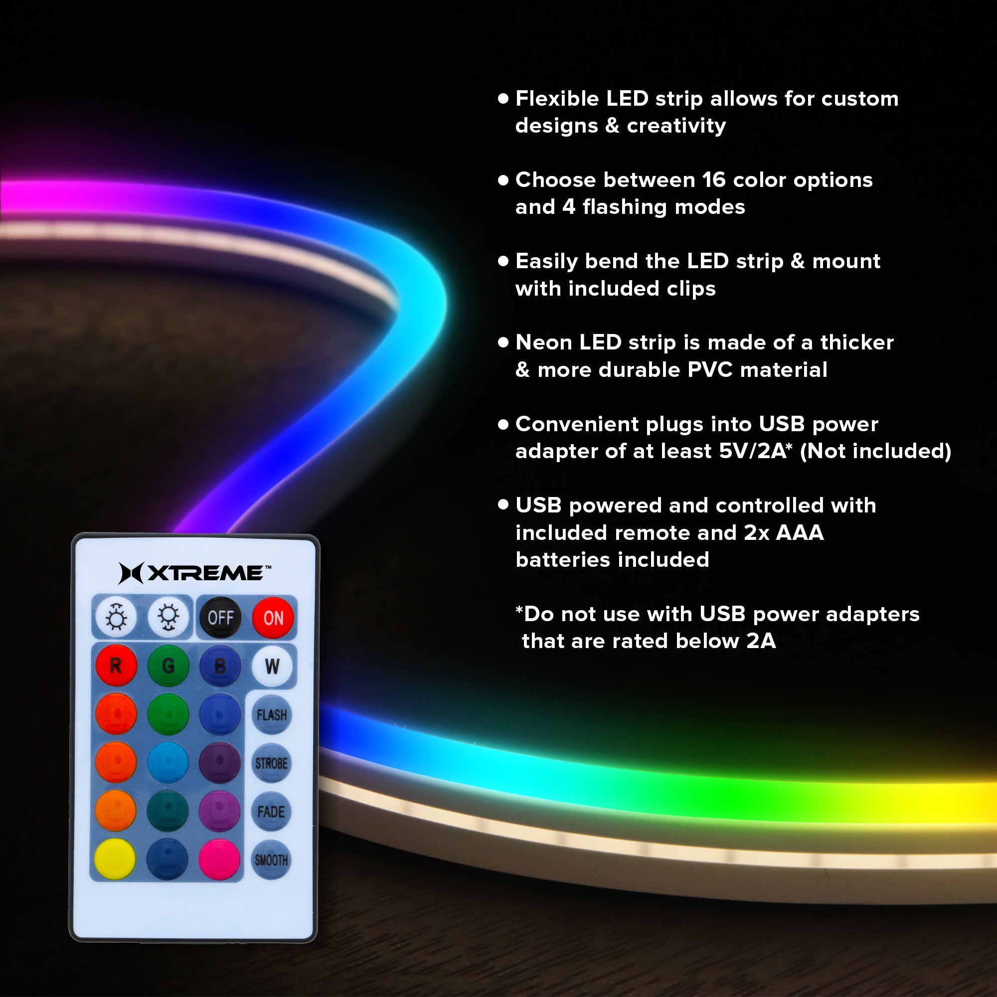 Multi-Color 6.5 ft. LED Light Strip, Remote Control, 16 Colors/4 Flash Modes, Bendable For Creative Shapes