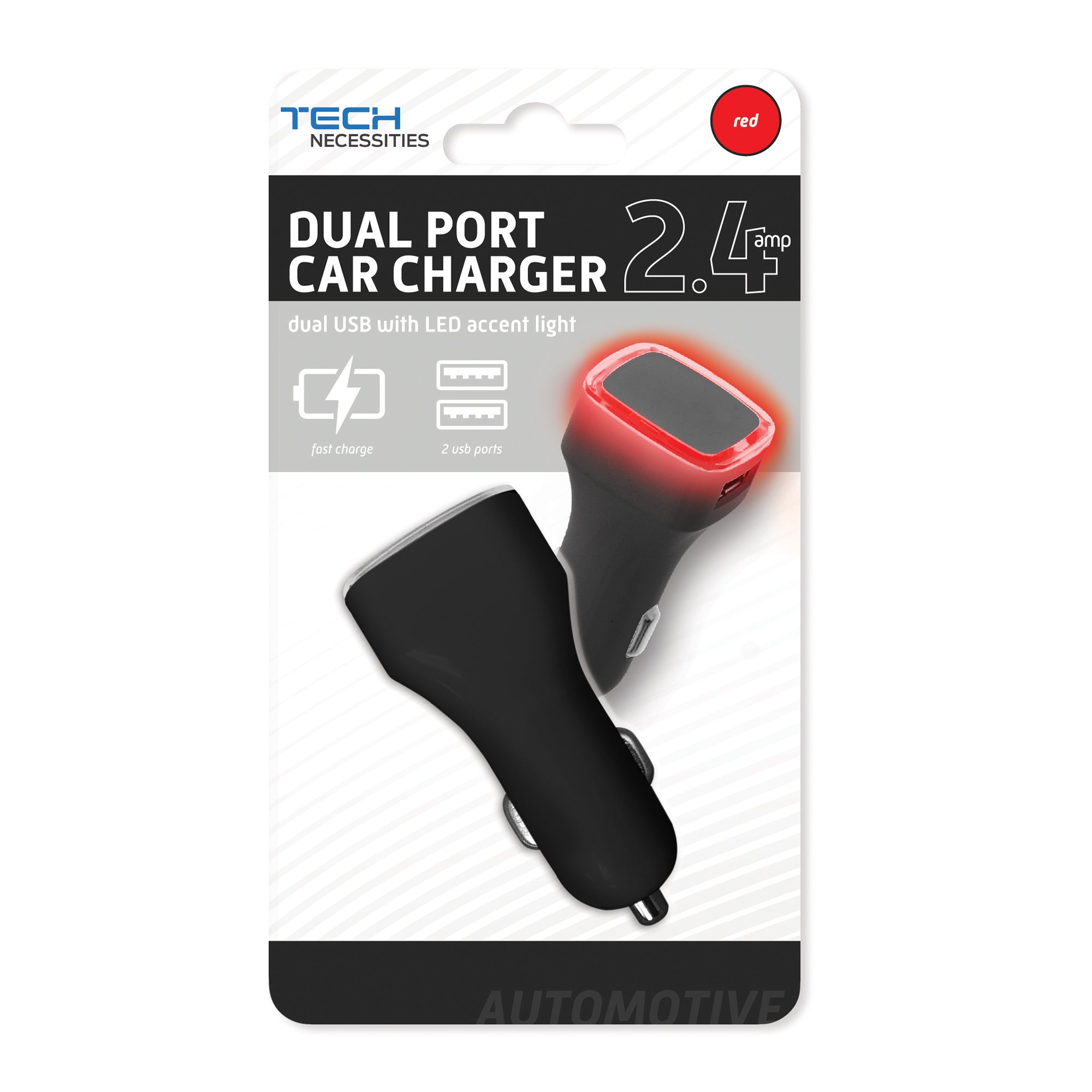 USB 2.4A 2-Port Car Charger with LED Light
