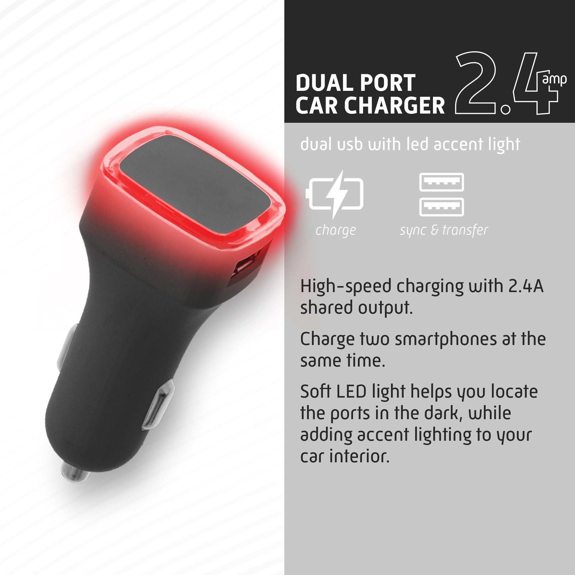 USB 2.4A 2-Port Car Charger with LED Light