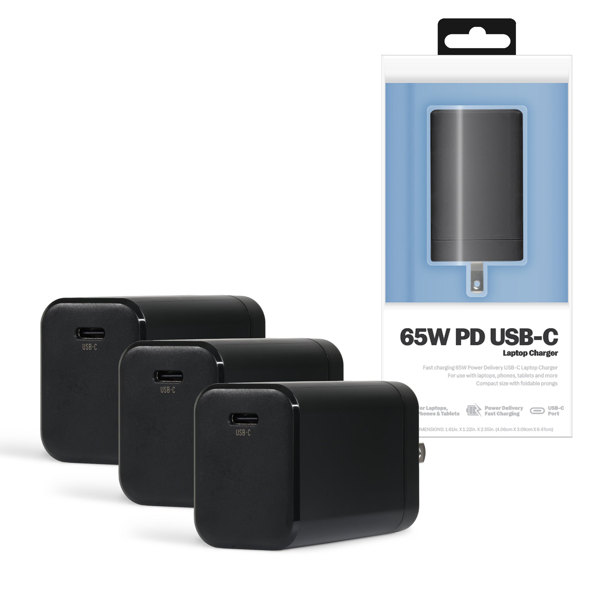 3-Pack 65W USB-C Wall Charger for Laptops with PD Power Delivery, Compact Fast Charging Wall Charger