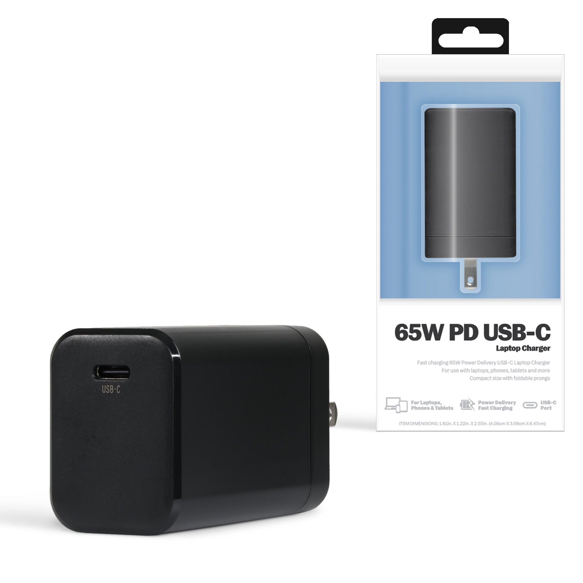 65W USB-C Wall Charger for Laptops with PD Power Delivery, Compact Fast Charging Wall Charger
