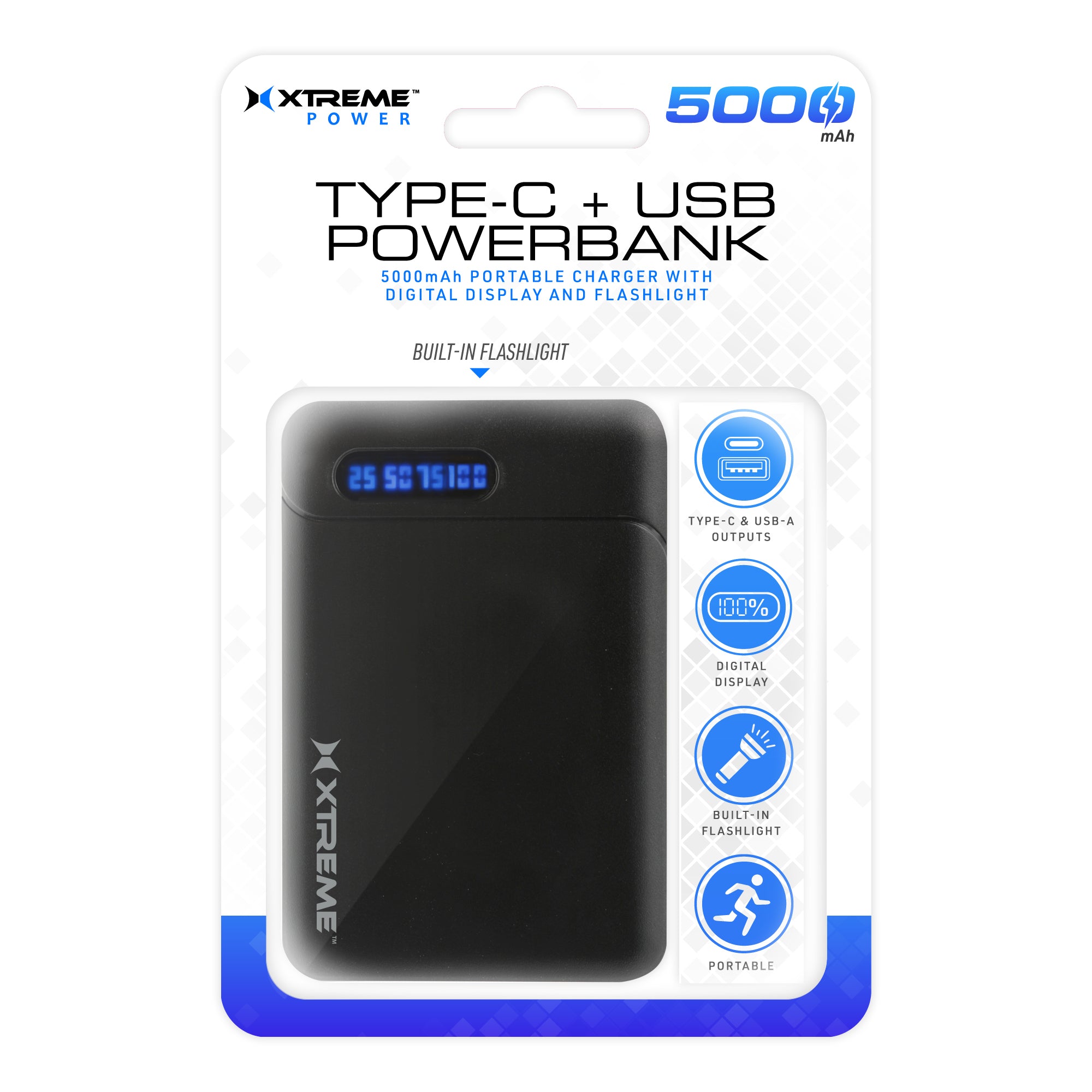5000mAh Type-C Power Bank with Digital Display, Dual USB Outputs, and Built-in Flashlight - Portable Battery Charger for All Devices