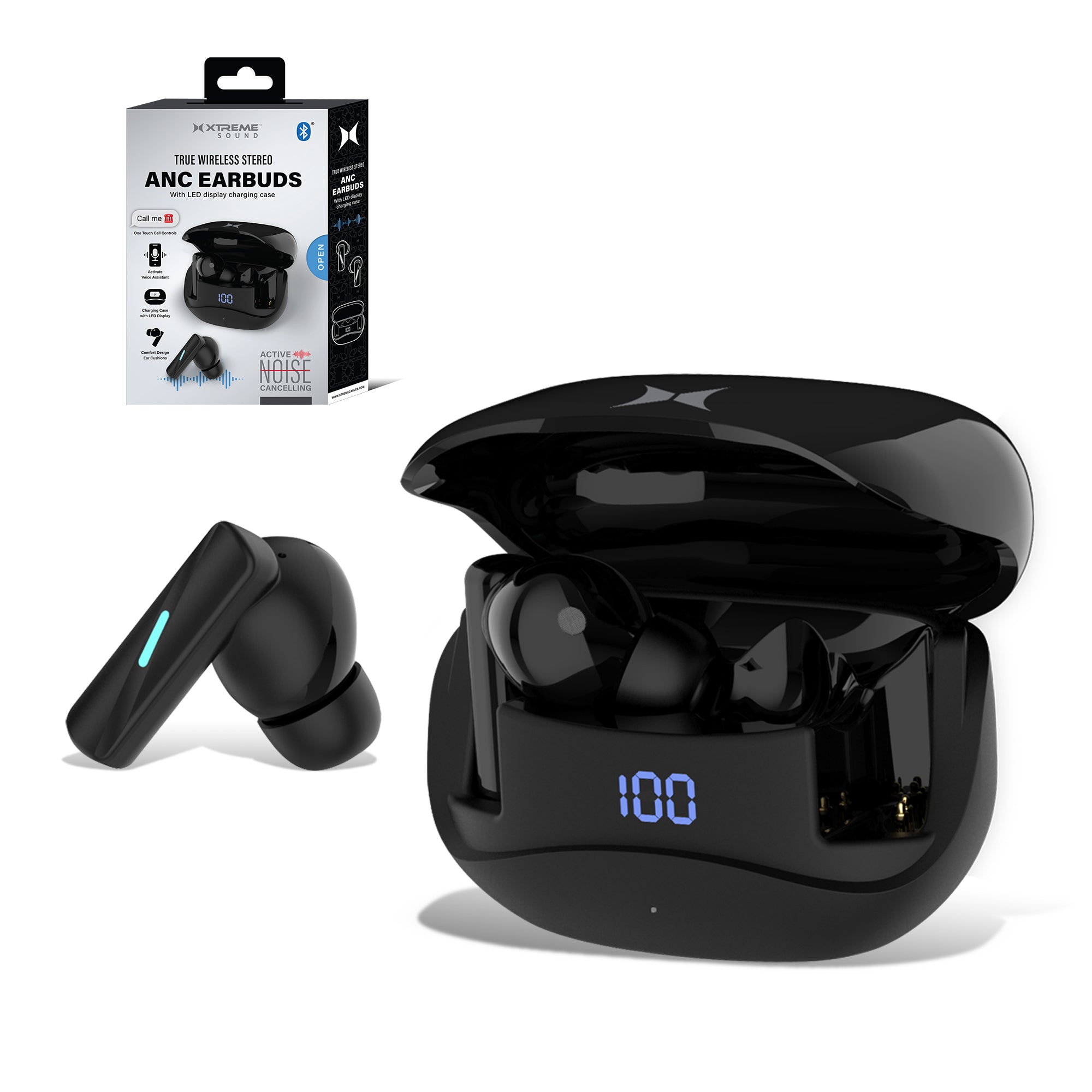 True Wireless Stereo Earbuds with Active Noise Cancelling, LED Display Charging Case, and Bluetooth for Voice Assistant Activation