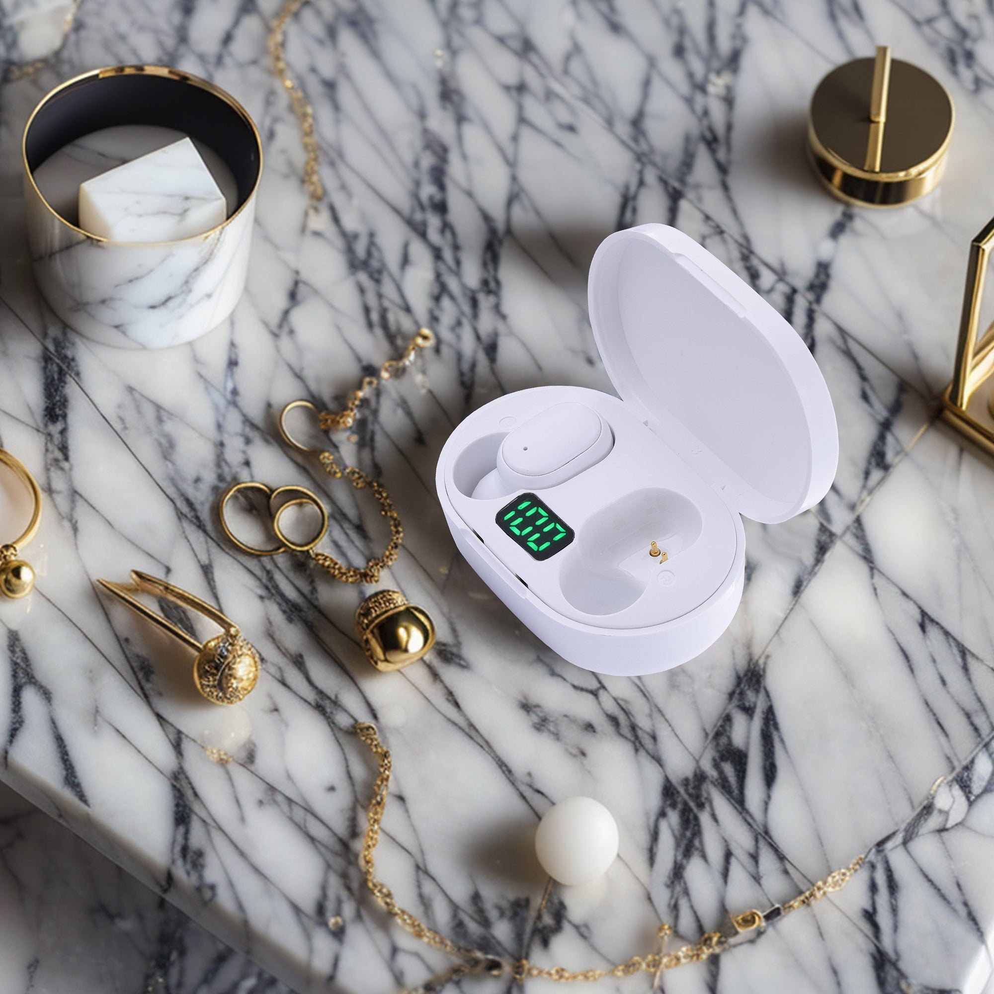 True Wireless Stereo Mini Buds with LED Display Charging Case, Comfort Design, Bluetooth 5.0, and Voice Assistant Activation