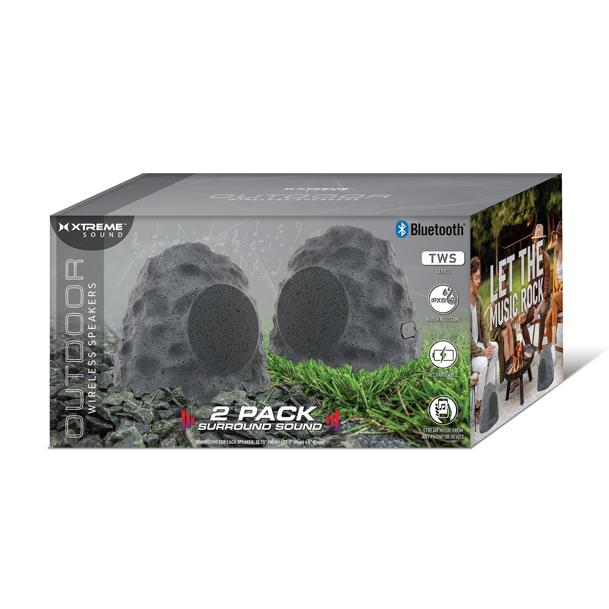 Rock Speakers Outdoor Waterproof 2 Pack - IPX5 Water-Resistant Speaker with True Wireless Stereo - 33ft Range