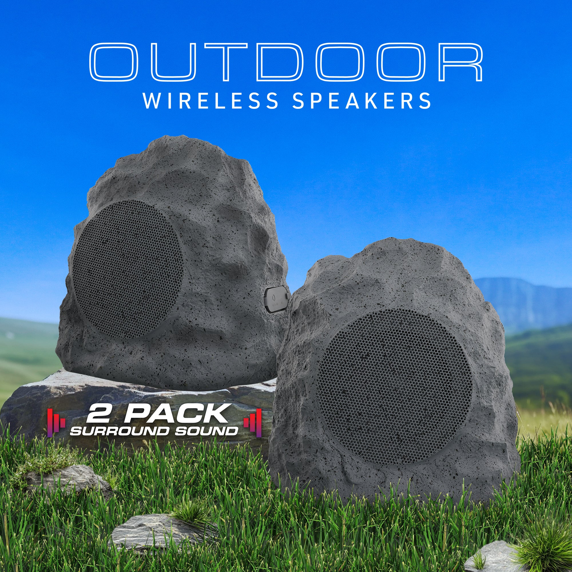 Rock Speakers Outdoor Waterproof 2 Pack - IPX5 Water-Resistant Speaker with True Wireless Stereo - 33ft Range