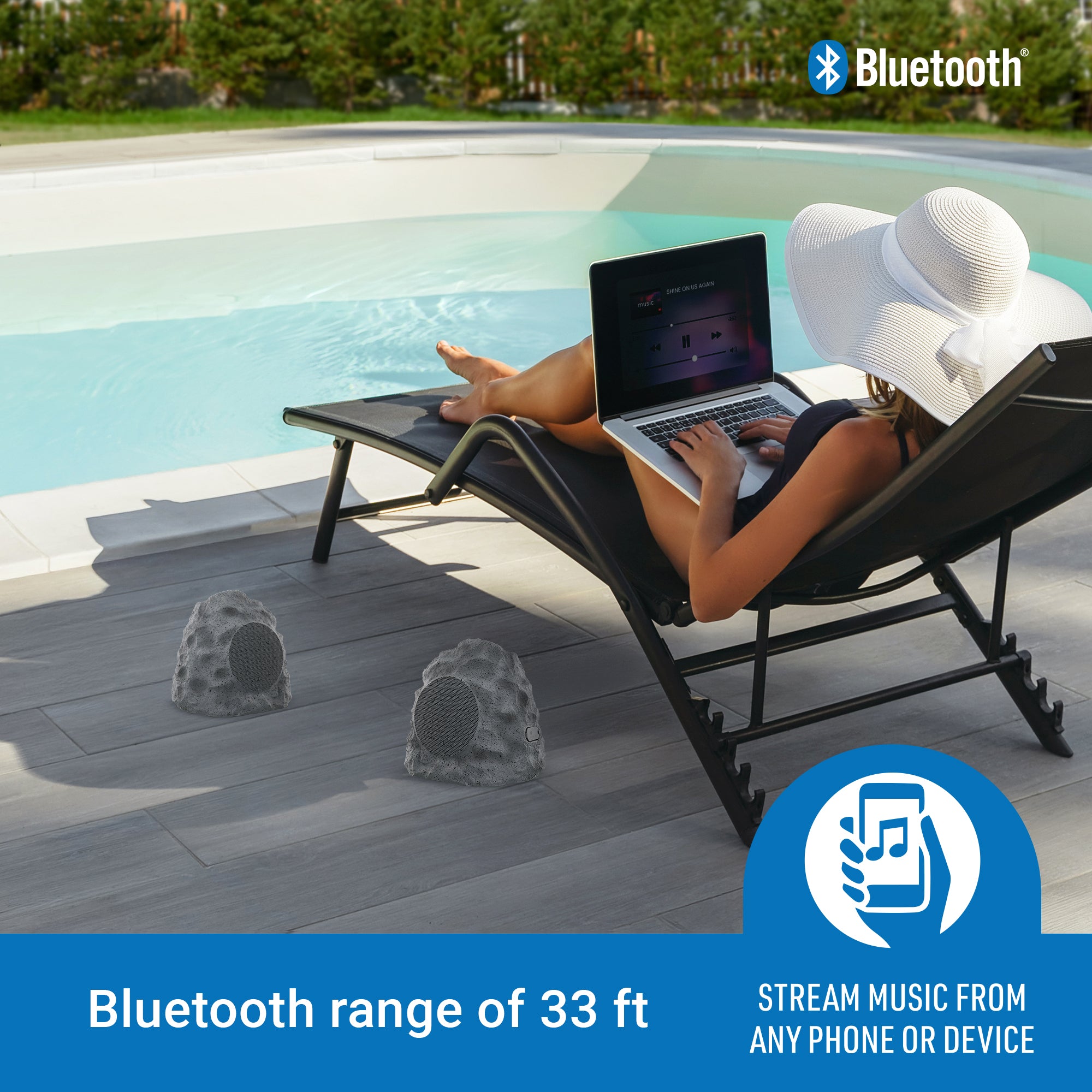 Rock Speakers Outdoor Waterproof 2 Pack - IPX5 Water-Resistant Speaker with True Wireless Stereo - 33ft Range
