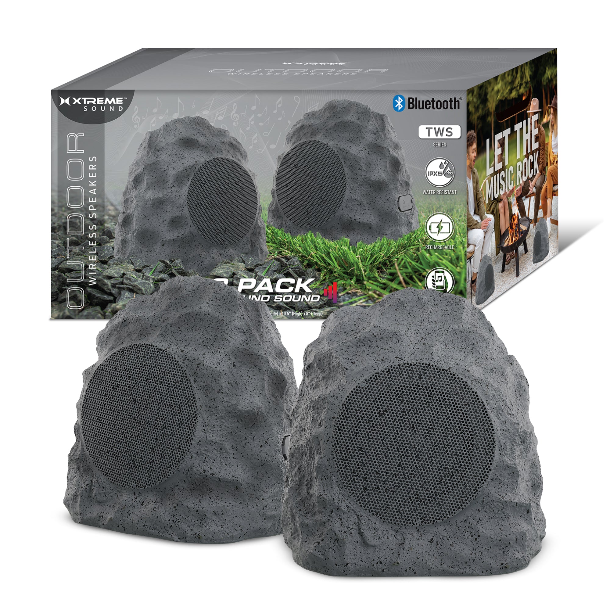 Rock Speakers Outdoor Waterproof 2 Pack - IPX5 Water-Resistant Speaker with True Wireless Stereo - 33ft Range
