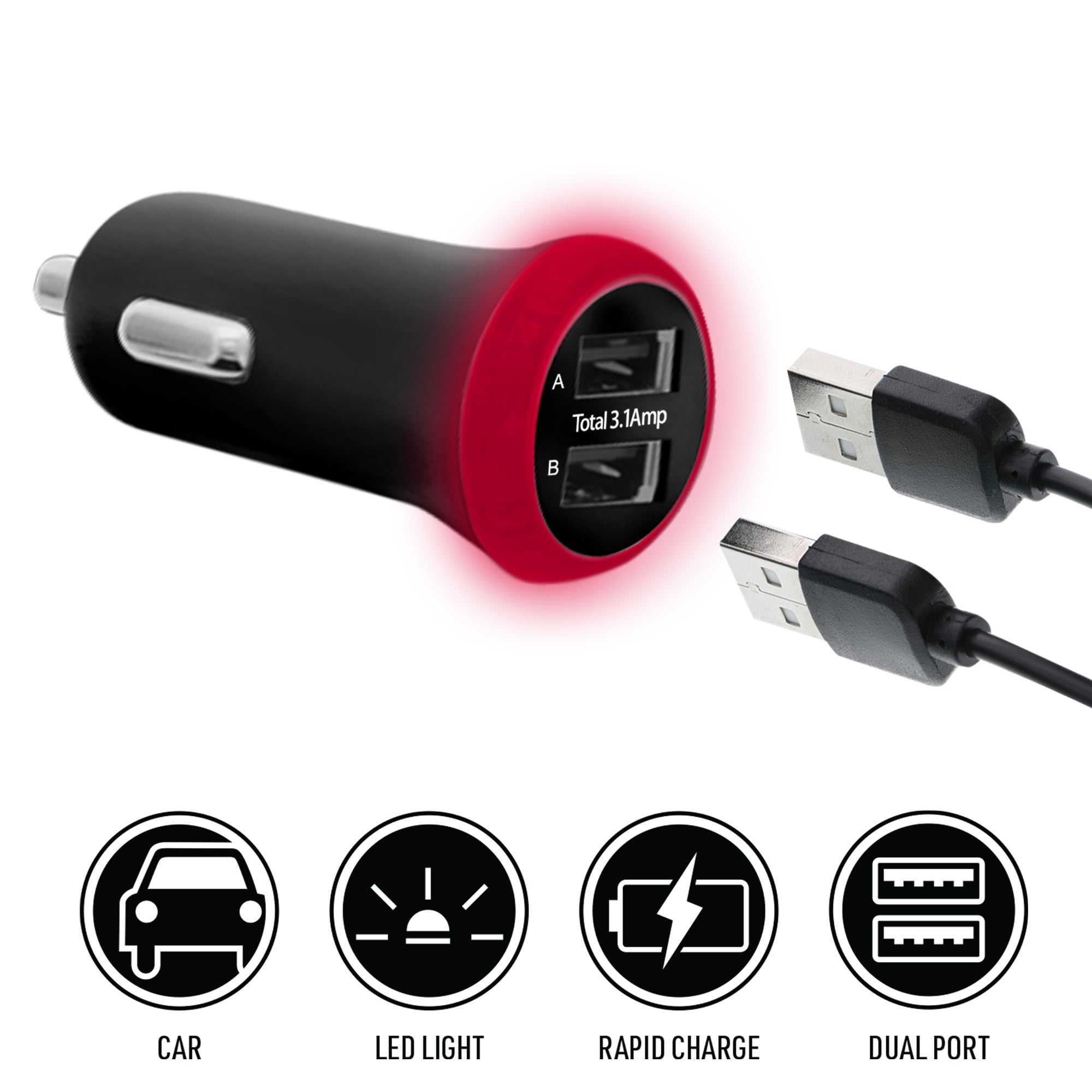 Dual Port USB LED White Light Car Charger, 3.1 Amps, Repower Compatible Devices