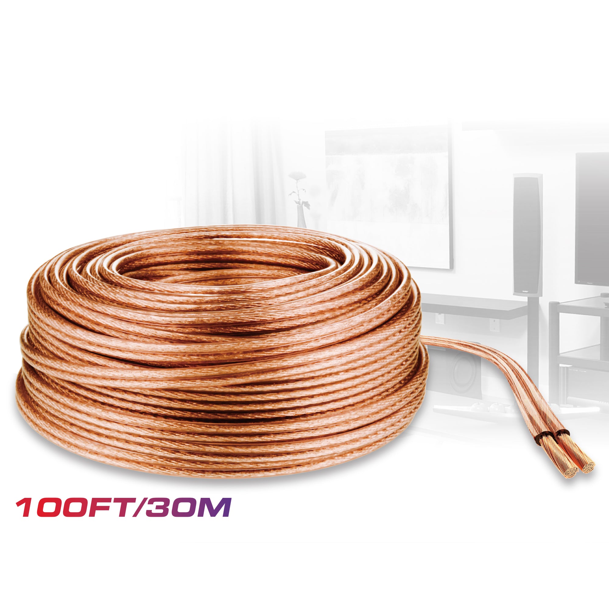 100ft 16 Gauge Speaker Wire - 16AWG Standard, Oxygen-Free Copper, High-Quality Audio Cable for Home Theater