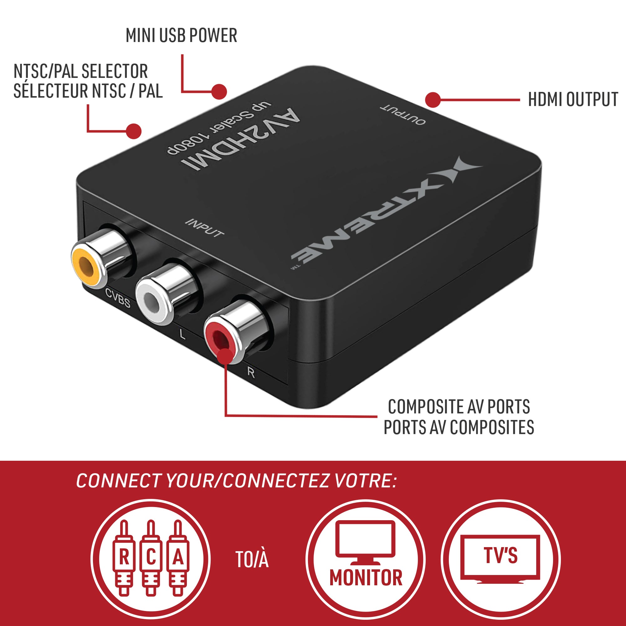 AV to HDMI Converter, 1080p RCA to HDMI Adapter, Composite to HDMI, Supports 720p/1080p, Mini USB Power for TV, VCR, N64, SNES, DVD Player, and more.