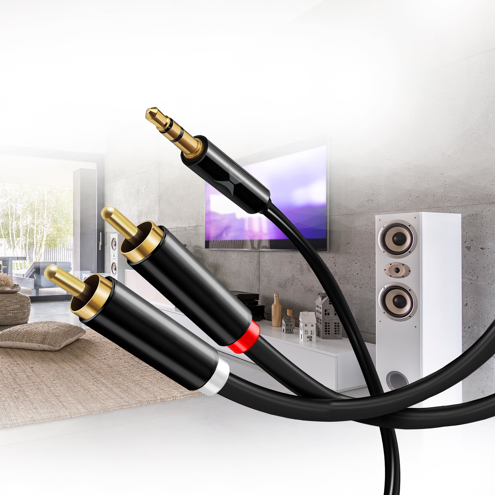 15ft 3.5mm to 2-Male RCA Audio Stereo Adapter Cable - Gold-Plated, Extra Long Auxiliary Cord for Speakers, TV, Home Theater Systems, Smartphones, Laptops