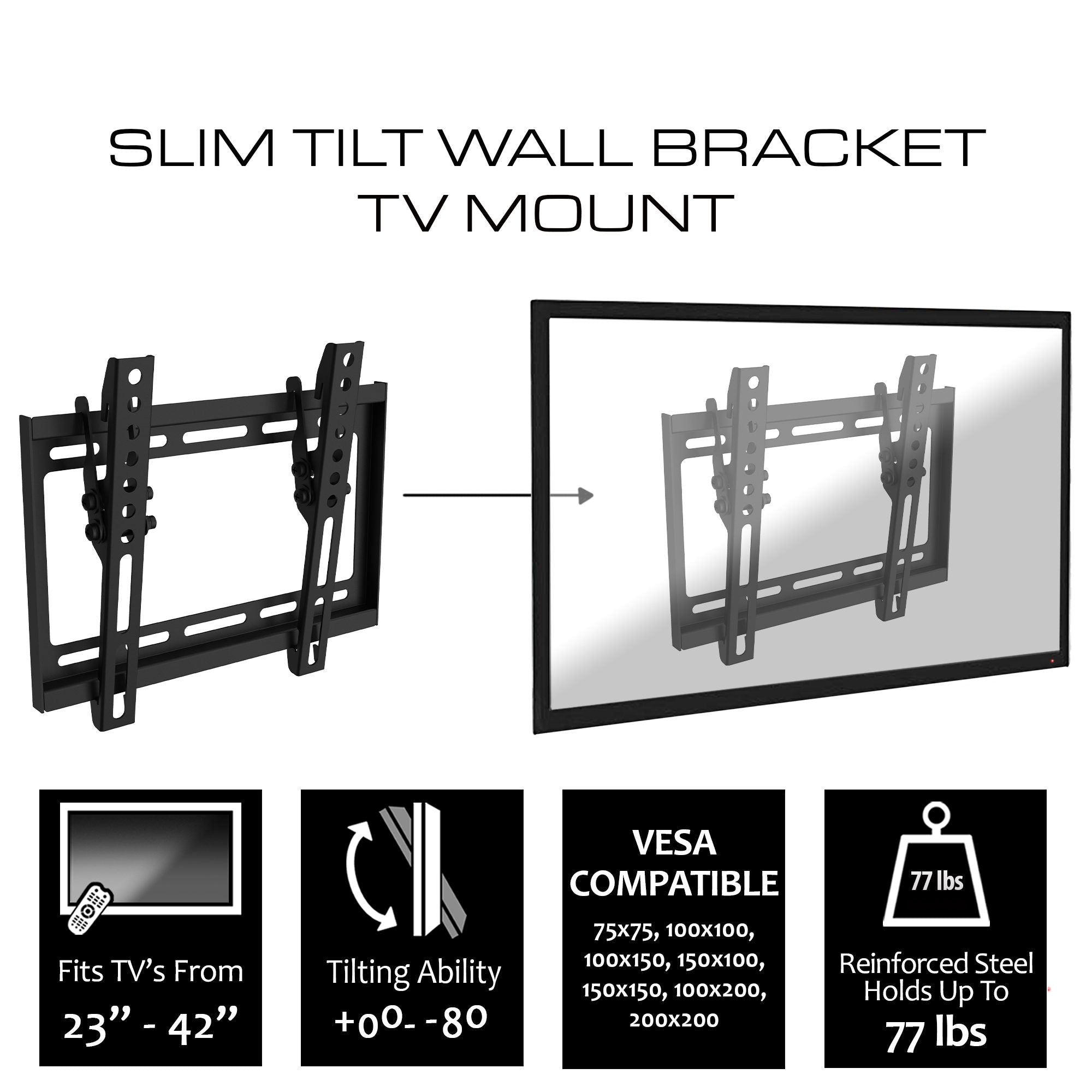 Tilt TV Wall Mount Bracket for 23"-42" TVs - VESA Compatibility and 77lb Capacity